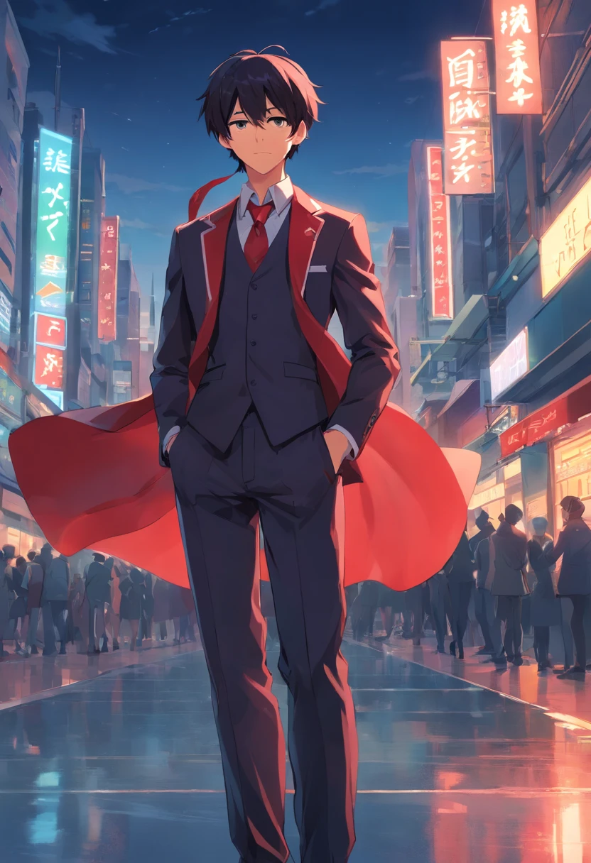 young male,Black and red suit,bowler hat,whaite hair,magister