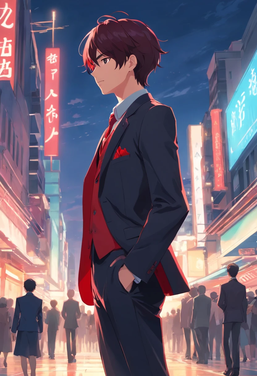 young male,Black and red suit,bowler hat,whaite hair,magister