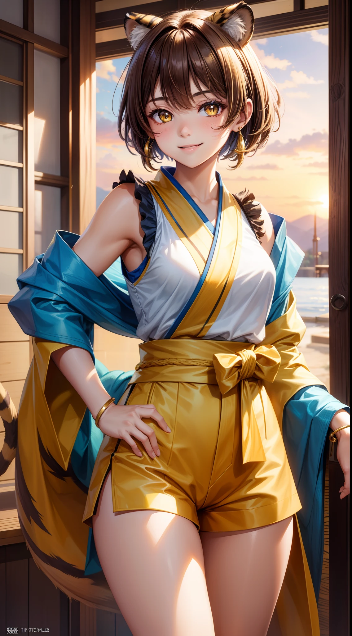 young girl, short brown hair, Two buns, Yellow eyes, Smile, tiger tail, Blue kimono, Gold Details, Sleeveless, Shorts, Masterpiece, hiquality, 4k, HD, Good detail