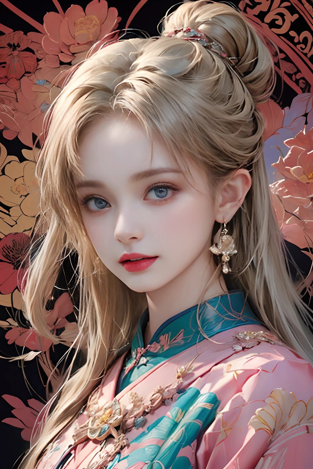 (masterpiece, top quality, best quality, official art, beautiful and aesthetic:1.2), (1girl:1.3), extremely detailed,(fractal art:1.1),(colorful:1.1)(flowers:1.3),highest detailed,(zentangle:1.2), (dynamic pose), (abstract background:1.3), (chinese Traditional cloth:1.2), (shiny skin), (many colors:1.4), ,(earrings:1.4),