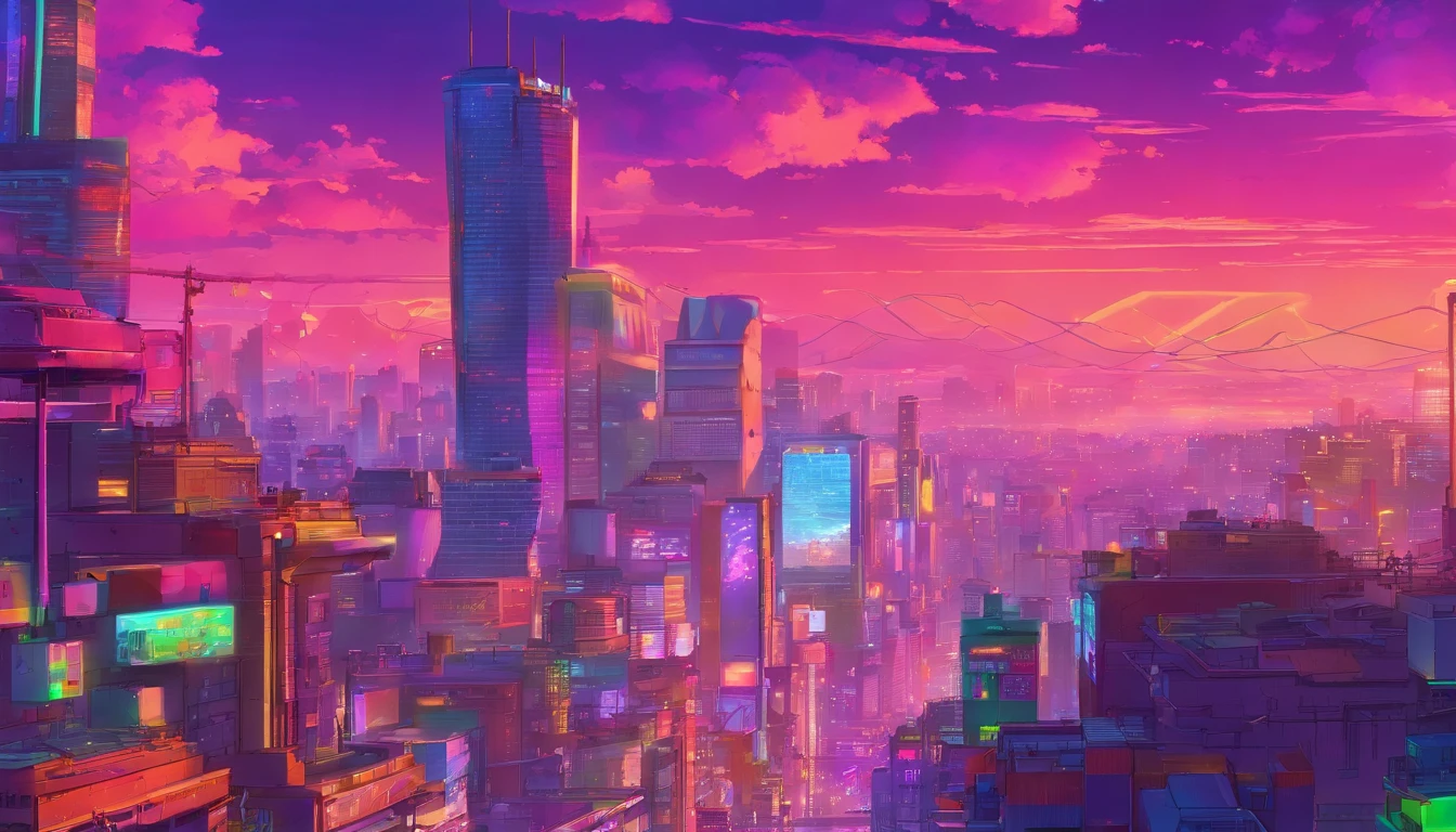 Close-up of the city with neon sunset in the background, Synthwave City, vaporwave city, Synthwave aesthetics, Neon City in the background, Background of Neo Tokyo, Neon metropolis in the background, Futuristic urban background, cyberpunk aesthetics, The city's backstory is cyberpunk, Purple Cyberpunk City, cyberpunk city background, cyberpunk aesthetics, cyberpunk atmosphere, Cyberpunk cityscape,anime clouds, Anime background, anime sky, in style of makoto shinkai, Beautiful puffy clouds. the anime, style of makoto shinkai, makoto sinkai!, beautiful anime scenery, based on Makoto Shinkai, Anime Landscape Wallpaper, makoto sinkai!!, Makoto Shinkai art style,japanaese girl,pale skin,beatiful face(purple hair)red jacket,Tokyo at night, with Cyberpunk style,Japanese streetwear,Tokyo Fashion,In a Cyberpunk 2 jacket 0 7 7,Full-length,attractive pose,Bottom view