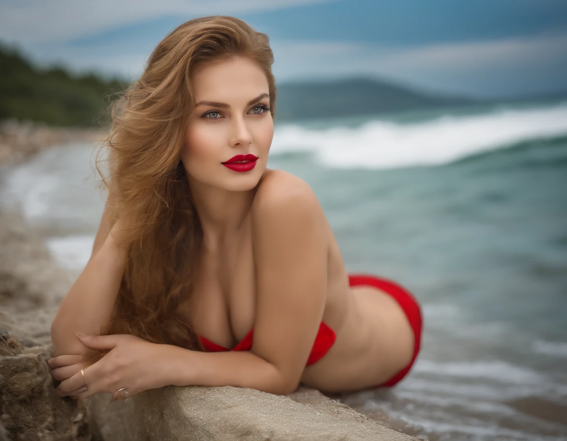 A woman with surprisingly smooth skin, elastic breasts and sculpted hips, Expressive green eyes and a raised nose give the face a special cuteness and cuteness, Moreover, delicate facial features emphasize desire and passion on red kissed lips. A light breeze from the sea lifts the luxurious golden hair. Detailed real photo on the shore of Sochi