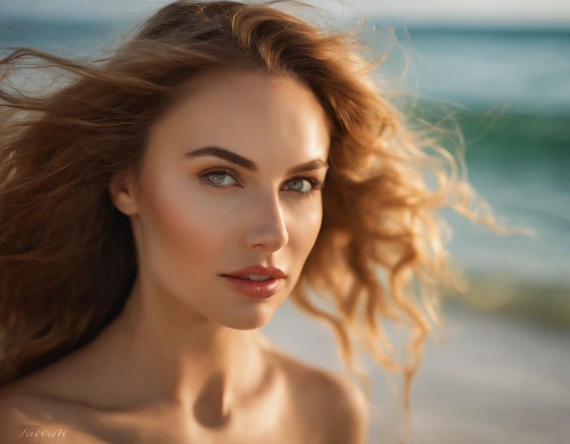 A woman with surprisingly smooth skin, elastic breasts and sculpted hips, Expressive green eyes and a raised nose give the face a special cuteness and cuteness, Moreover, delicate facial features emphasize desire and passion on red kissed lips. A light breeze from the sea lifts the luxurious golden hair. Detailed real photo on the shore of Sochi
