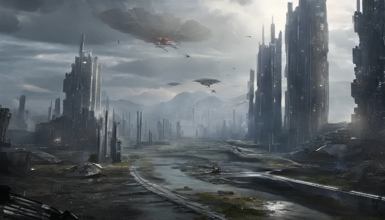 On the devastated city streets,The remains of collapsed ruins are scattered across the land,blood-stained,Like the brutal legacy of the battlefield。It rained heavily in the cloudy sky,Lightning,This exacerbates the horror atmosphere of this apocalyptic apocalypse。