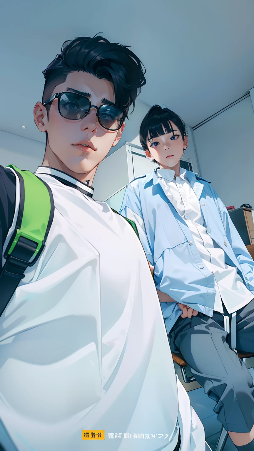 Male and female couples Girl sitting on a chair wearing a tight skirt over a blouse。Boys hugging each other from behind。Boy in high school long pants uniform with mash cut hairstyle。Without glasses