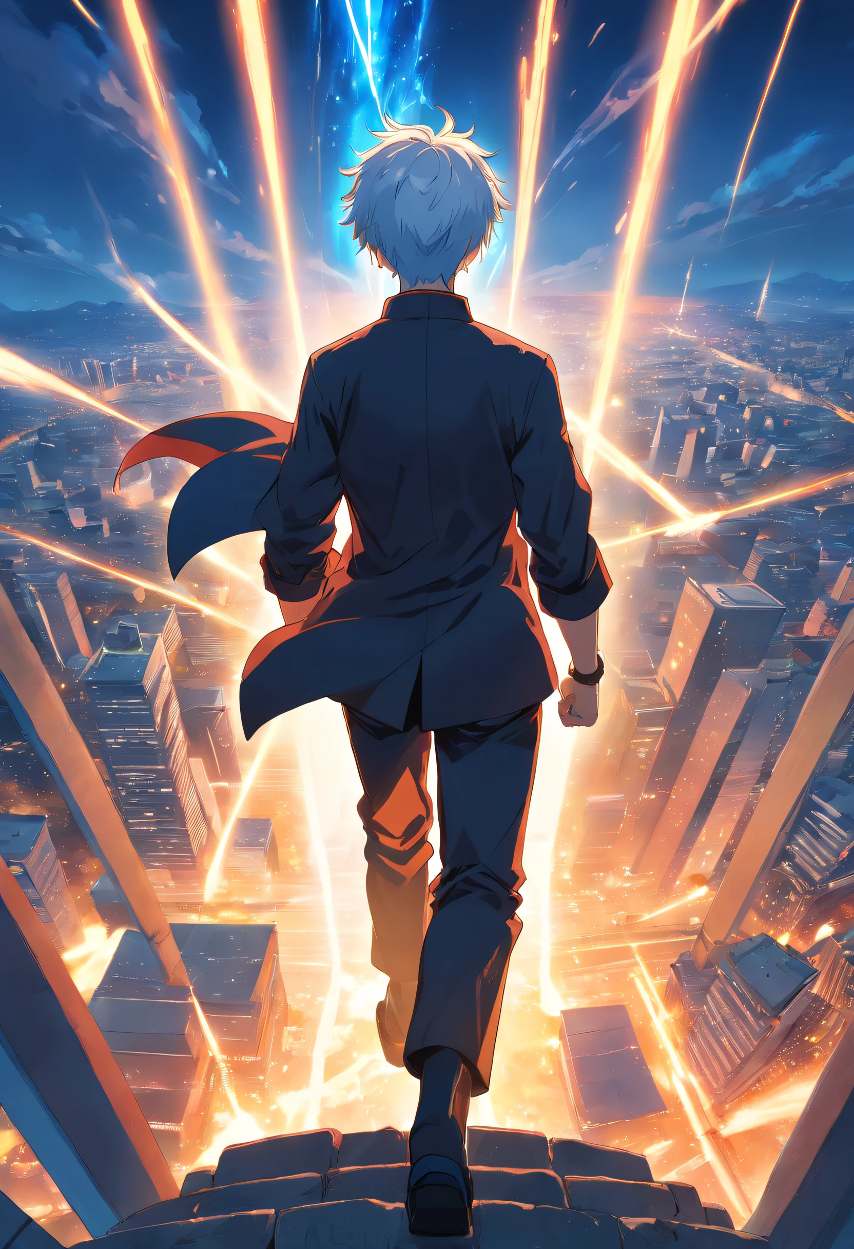 gojo satoru, jujutsu kaisen, anime, 1 young man, in the top of tower, amazing, focused, ray of light, blue eyes, white hair, black shirt, in the battlefield, powerfull magic aura, depth of field.