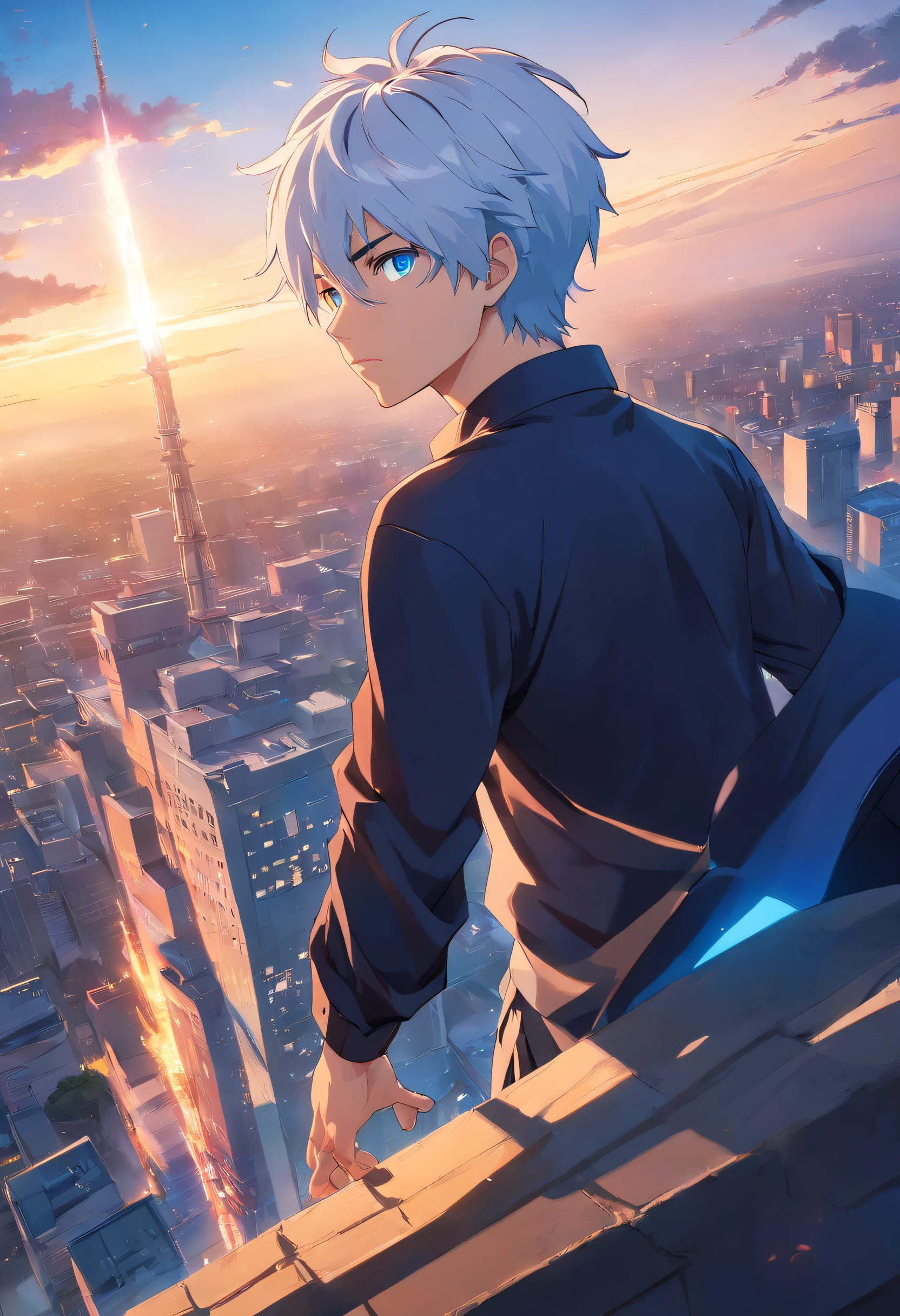 gojo satoru, jujutsu kaisen, anime, ung man, in the top of tower, amazing, focused, ray of light, blue eyes, white hair, black shirt, in the battlefield, powerfull magic aura, depth of field.