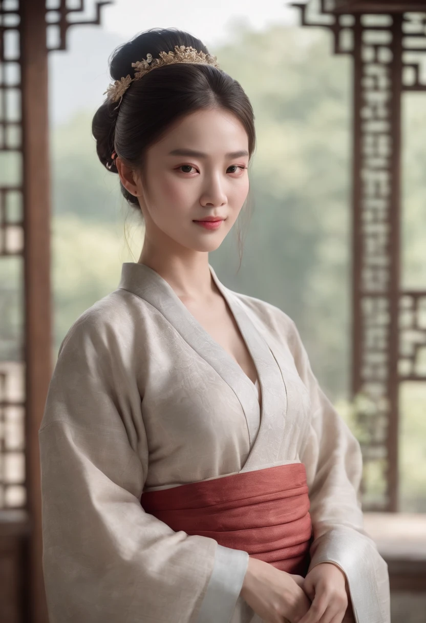 (Realistic:1.3), finely detailed, High quality, Rembrandt lighting, (Masterpiece:1.2), (Photorealistic:1.2), (Best quality), (Detailed skin:1.3), (Intricate details), Dramatic, Ray tracing, （Full body like），1womanl, Chinese middle-aged woman, 35 years old, Put your hands behind your back，Look into the camera，frontage，A sad expression，Detailed skin texture, (Blush:0.5), (goosebumps:0.5), Subsurface scattering, Smiling, Medium breasts, long whitr hair, hair-bun，bangs,  Hairpins, hair flower, Hanfu, (um dia ensolarado, exteriors，Classical Chinese architecture),