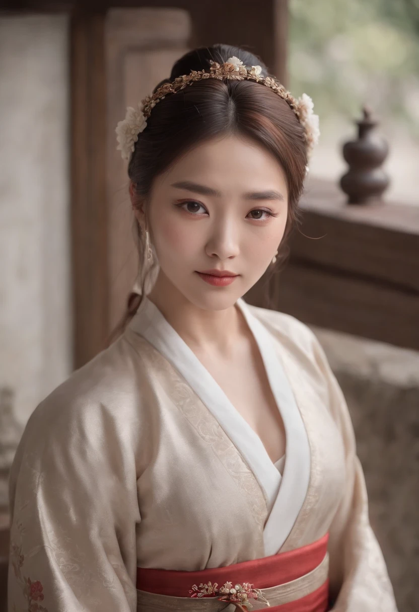 (Realistic:1.3), finely detailed, High quality, Rembrandt lighting, (Masterpiece:1.2), (Photorealistic:1.2), (Best quality), (Detailed skin:1.3), (Intricate details), Dramatic, Ray tracing, (Full body like),1womanl, Chinese middle-aged woman, 35 years old, Put your hands behind your back,Look into the camera,frontage,A sad expression,Detailed skin texture, (Blush:0.5), (goosebumps:0.5), Subsurface scattering, Smiling, Medium breasts, long whitr hair, hair-bun,bangs, Hairpins, hair flower, Hanfu, (um dia ensolarado, exteriors,Classical Chinese architecture),
