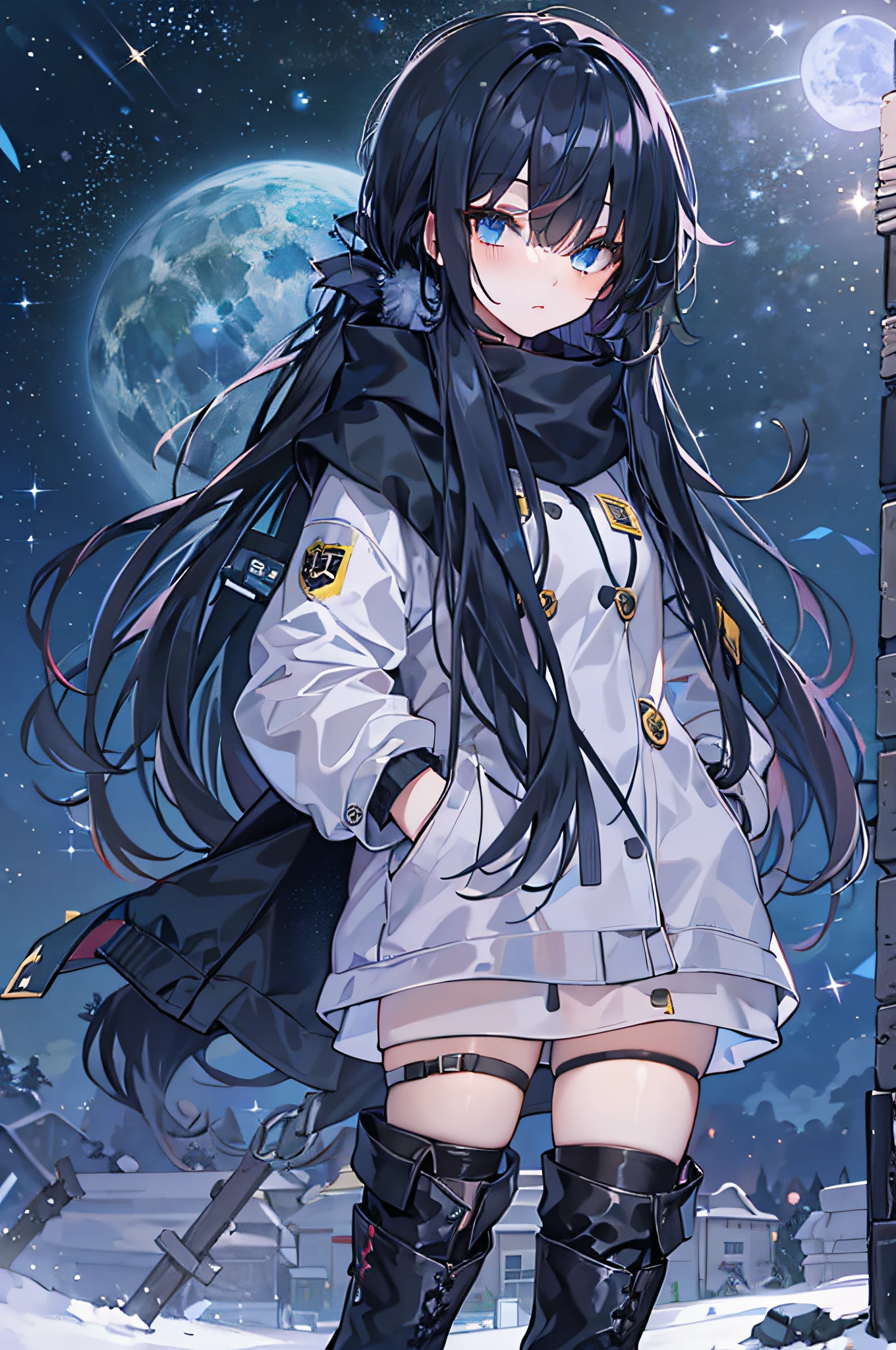 black pantyhoses,Starry eyes,Black parka,black sash,starrysky,the night,Dark blue hair,side pony tail,long whitr hair,black knee boots,Hair covers one eye,bit girl,waiting to start