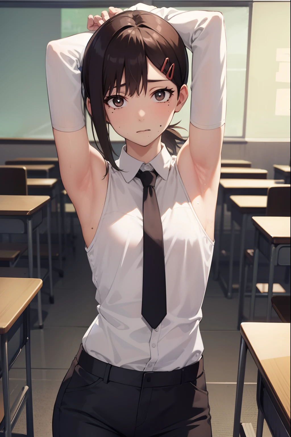 kobenihigashiyama, kobeni higashiyama, black hair, hair ornament, hairclip, mole, mole under eye, ponytail, short hair, (brown eyes:1.5), (small breast:1.2),
BREAK black necktie, black pants, business suit, formal, long sleeves, necktie, pants, suit, 
BREAK looking at viewer,
BREAK indoors, classroom,
BREAK (masterpiece:1.2), best quality, high resolution, unity 8k wallpaper, (illustration:0.8), (beautiful detailed eyes:1.6), extremely detailed face, perfect lighting, extremely detailed CG, (perfect hands, perfect anatomy), ((sleeveless)), ((armpits))
