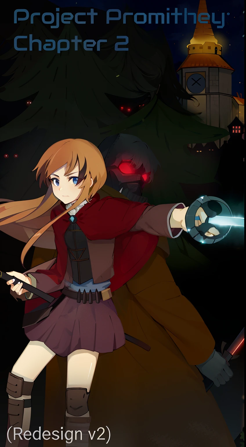 the anime, 2 characters, Warrior girl with brown hair in the foreground, Behind him is a guy in a long brown cloak and a dark mask with glowing eyes, Forest and castle in the background, the night, A girl in a red cloak holds a rapier in her left hand, The guy behind is holding a short sword in his right hand, detailing, Good colors, tmasterpiece,