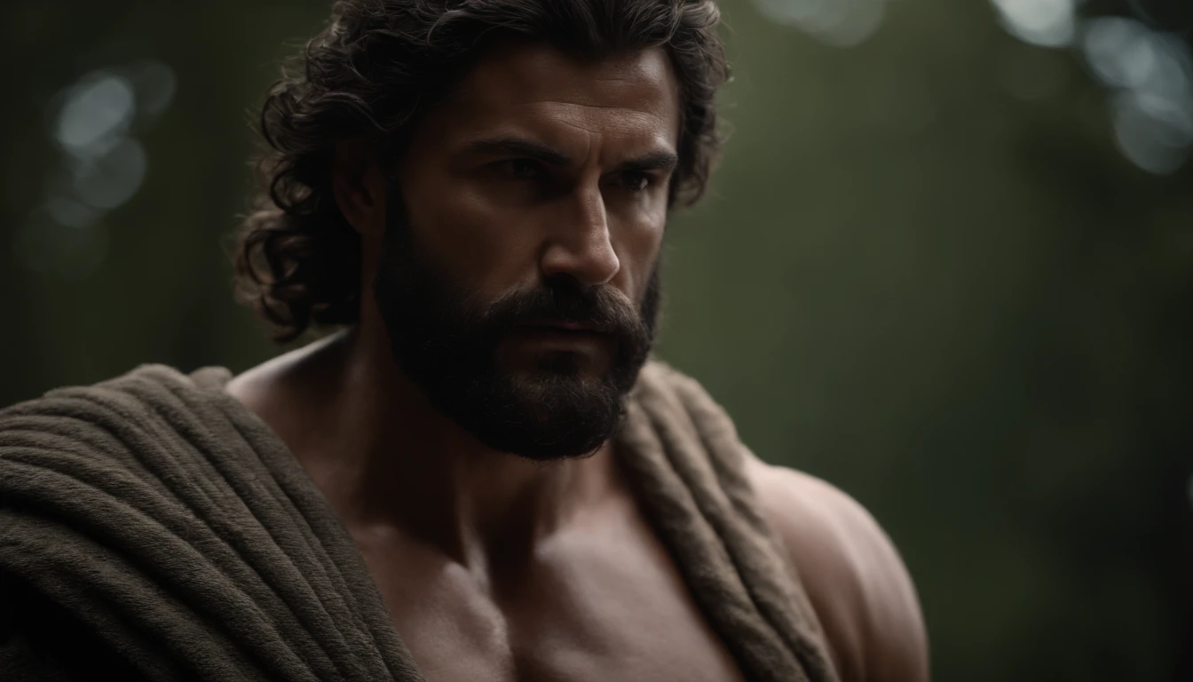 A male stoic philosopher with a well-proportioned and attractive physique, not excessively muscular. He is wearing classic tunics, slightly transparent, that gently drape over his body, subtly revealing parts of his shoulder, with a very short and well-groomed beard, and wavy, well-stylized hair. The philosopher stands tall in a pose of quiet strength, with his gaze fixed forward, symbolizing personal responsibility. His expression is resilient and composed, reflecting inner strength. The scene is set against a completely black background with dramatic lighting that creates deep shadows, enhancing the texture and form. The shot is a medium close-up, framed with a strong vignette and light grain, conveying a timeless sense of stoic endurance. The background has a subtle texture that adds depth but complements the text without overpowering it.