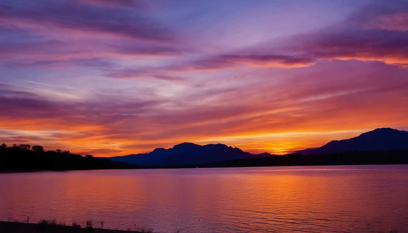 (sunset,beautiful colorful sky,clouds:1.1),serene golden rays,orange,purple,peaceful,fading light,tranquil scenery,pinkish clouds,luminous,dreamy,scenic landscape,ethereal,painting-like effects,dusk,heavenly view,glorious,twilight reflection
