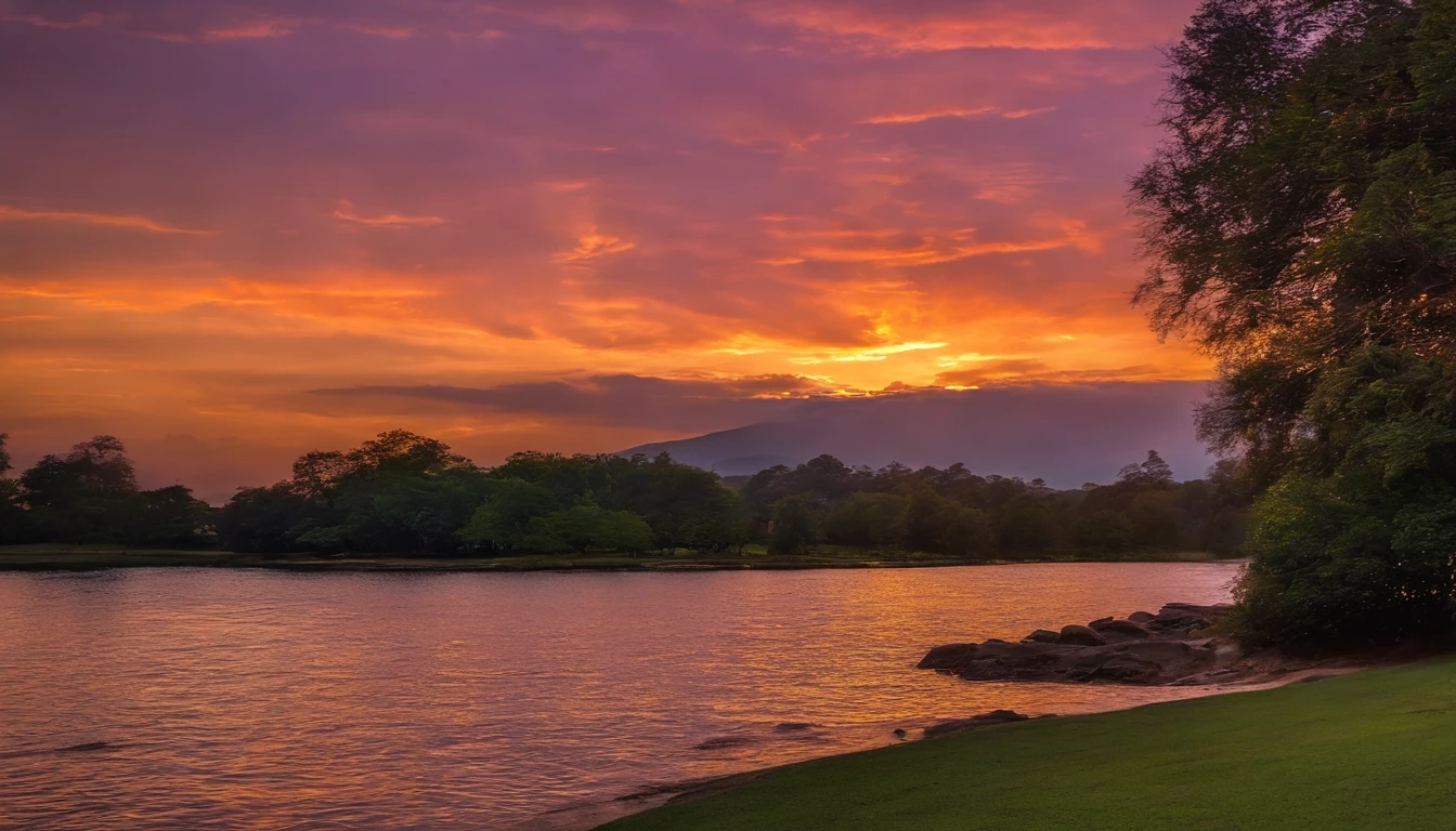(sunset,beautiful colorful sky,clouds:1.1),serene golden rays,orange,purple,peaceful,fading light,tranquil scenery,pinkish clouds,luminous,dreamy,scenic landscape,ethereal,painting-like effects,dusk,heavenly view,glorious,twilight reflection