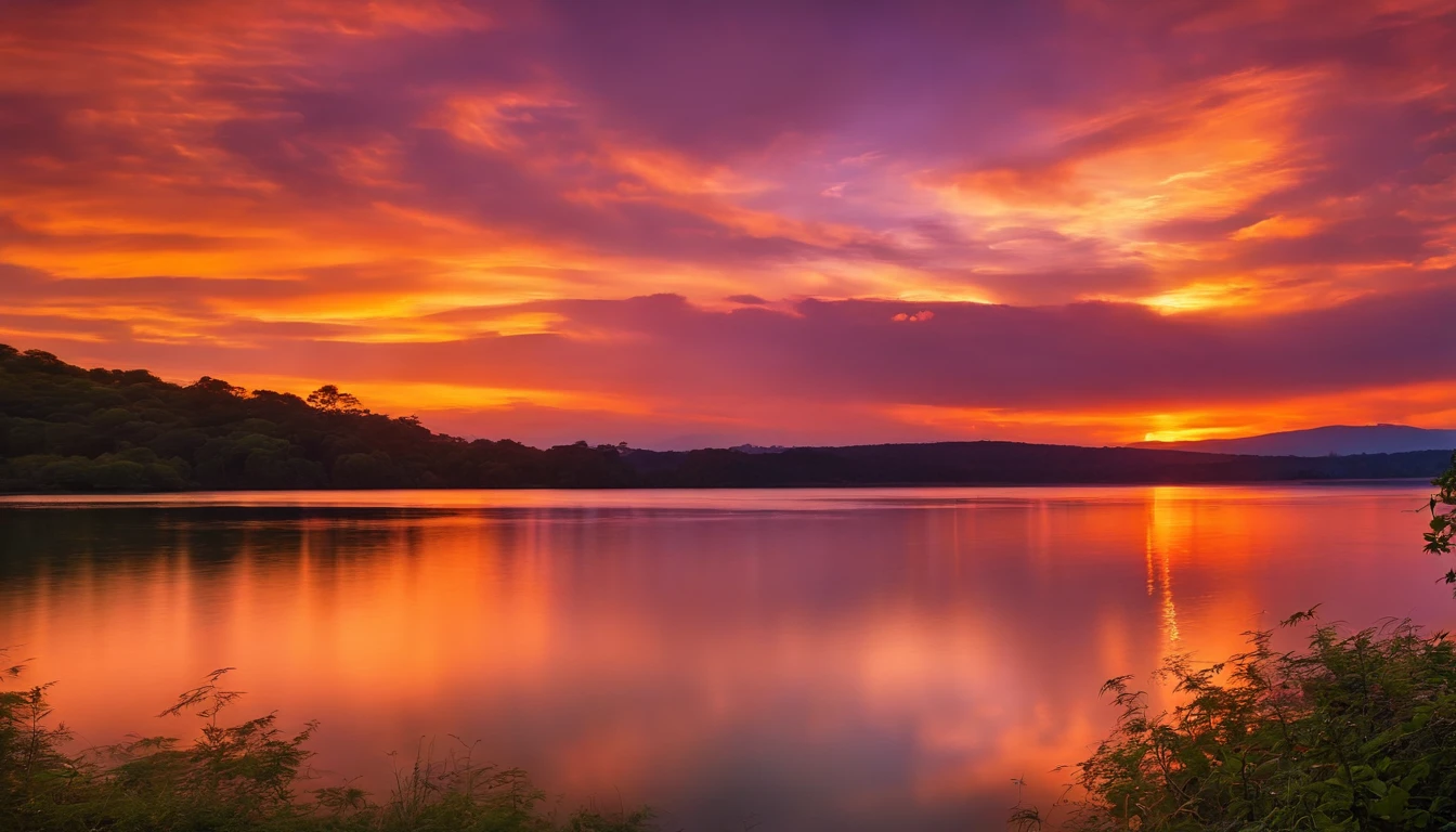 (sunset,beautiful colorful sky,clouds:1.1),serene golden rays,orange,purple,peaceful,fading light,tranquil scenery,pinkish clouds,luminous,dreamy,scenic landscape,ethereal,painting-like effects,dusk,heavenly view,glorious,twilight reflection