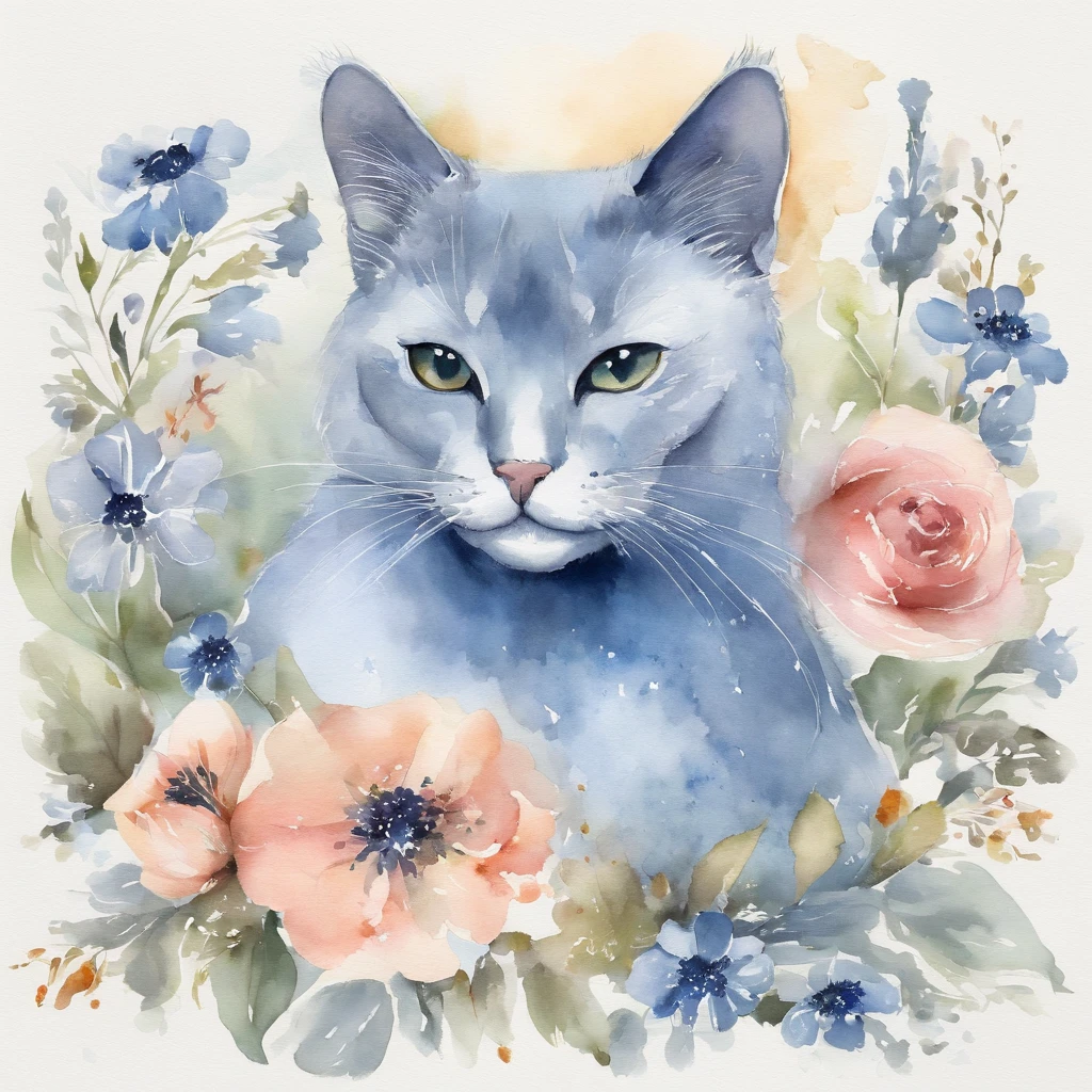 「It is a design with the theme of Russian blue cat and blue flowers。The characteristic blue fur of the Russian Blue cat is depicted in detail、Blue flowers spread elegantly around。Pale background and delicate light and dark、Bringing tranquility and beauty to the design。It is a work that expresses the charm of the Russian blue cat and the elegance of blue flowers.。Watercolor sublimation, Vector Art, Illustration, Intricate details, Highly detailed, detaileds, 12K, High resolution, hyper HD,