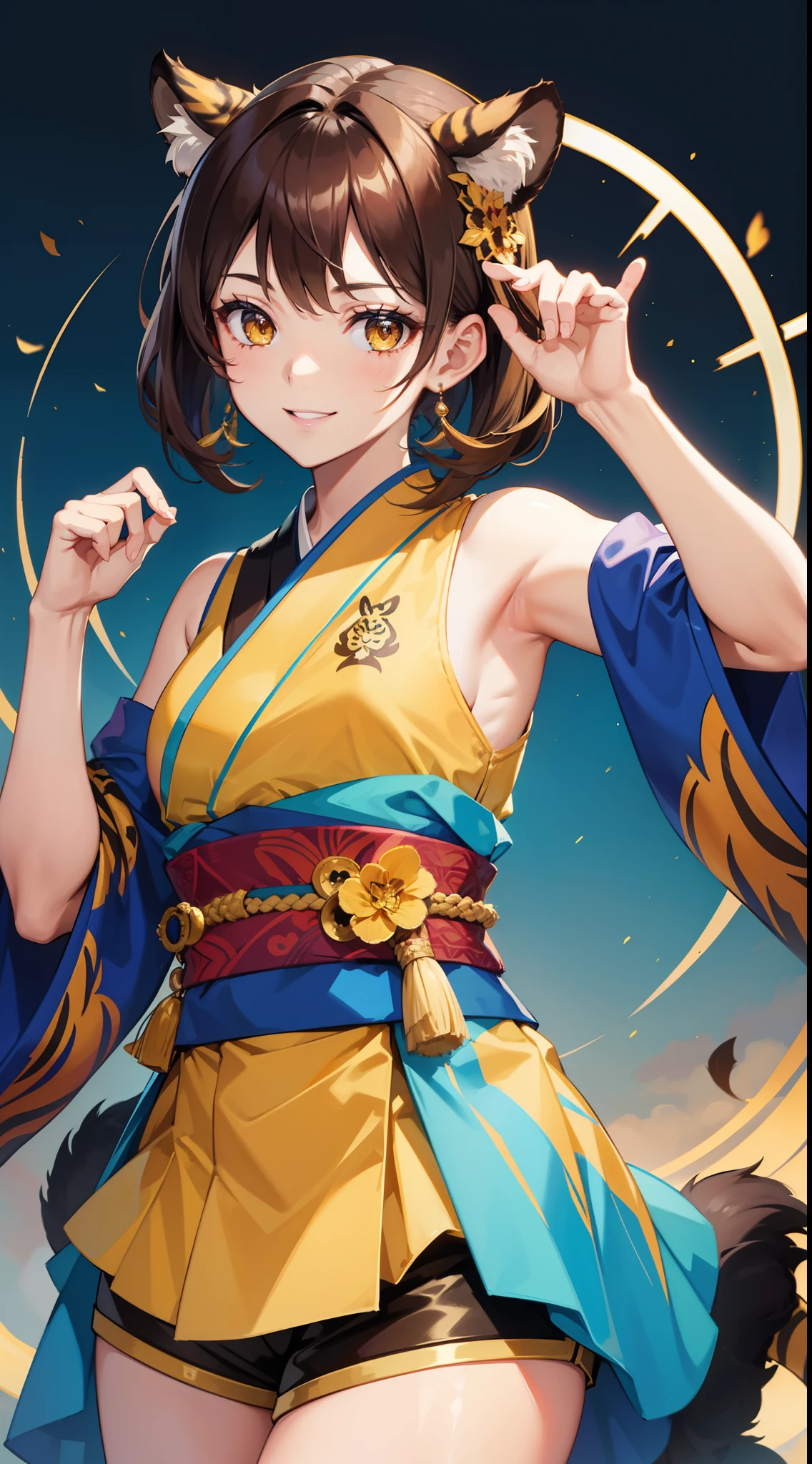 young girl, short brown hair, Two buns, Yellow eyes, Smile, tiger tail, Blue kimono, Gold Details, Sleeveless, Shorts, Masterpiece, hiquality, 4k, HD, Good detail