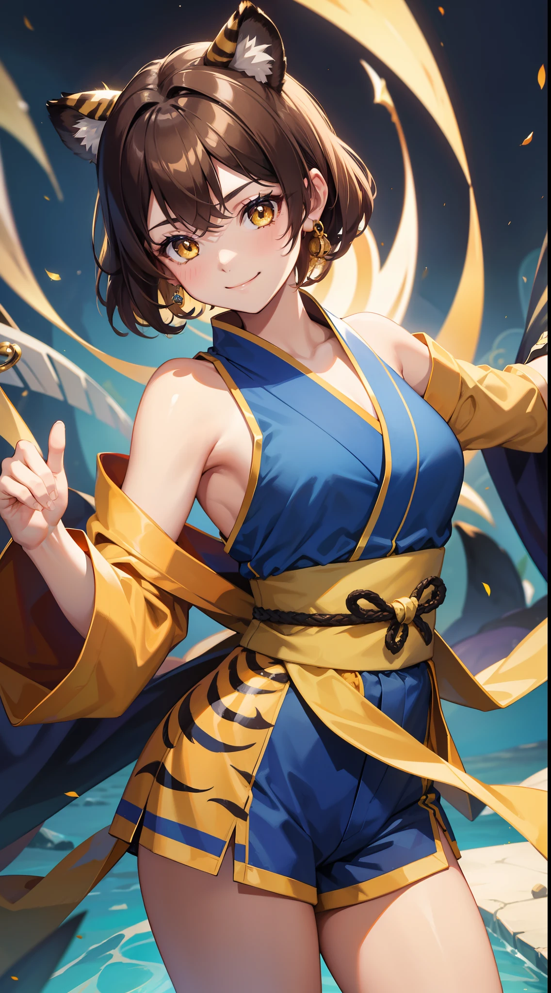 young girl, short brown hair, Two buns, Yellow eyes, Smile, tiger tail, Blue kimono, Gold Details, Sleeveless, Shorts, Masterpiece, hiquality, 4k, HD, Good detail