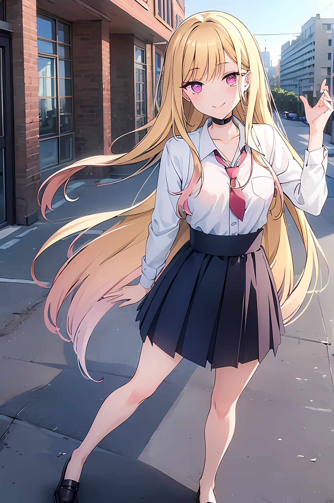 (best quality, 8k, masterpiece:1.2), cute, hot, smile, blushed, school dress, perfect eyes, expressive eyes, dynamic pose, city background, cityscape, simple background, beautiful pose, full body
