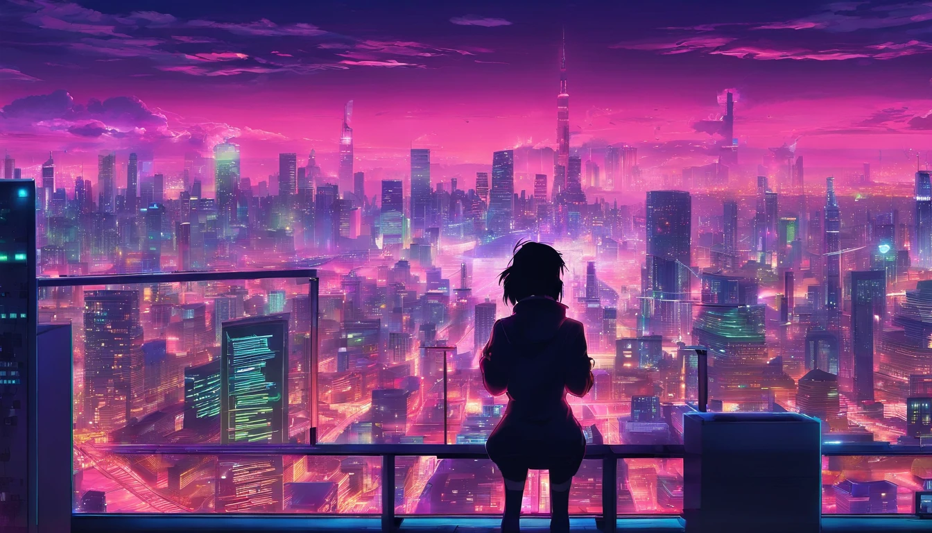 Close-up of the city with neon sunset in the background, Synthwave City, vaporwave city, Synthwave aesthetics, Neon City in the background, Background of Neo Tokyo, Neon metropolis in the background, Futuristic urban background, cyberpunk aesthetics, The city's backstory is cyberpunk, Purple Cyberpunk City, cyberpunk city background, cyberpunk aesthetics, cyberpunk atmosphere, Cyberpunk cityscape,anime clouds, Anime background, anime sky, in style of makoto shinkai, Beautiful puffy clouds. the anime, style of makoto shinkai, makoto sinkai!, beautiful anime scenery, based on Makoto Shinkai, Anime Landscape Wallpaper, makoto sinkai!!, Makoto Shinkai art style,japanaese girl,pale skin,beatiful face(purple hair)red jacket,Tokyo at night, with Cyberpunk style,Japanese streetwear,Tokyo Fashion,In a Cyberpunk 2 jacket 0 7 7,Full-length,attractive pose,Bottom view