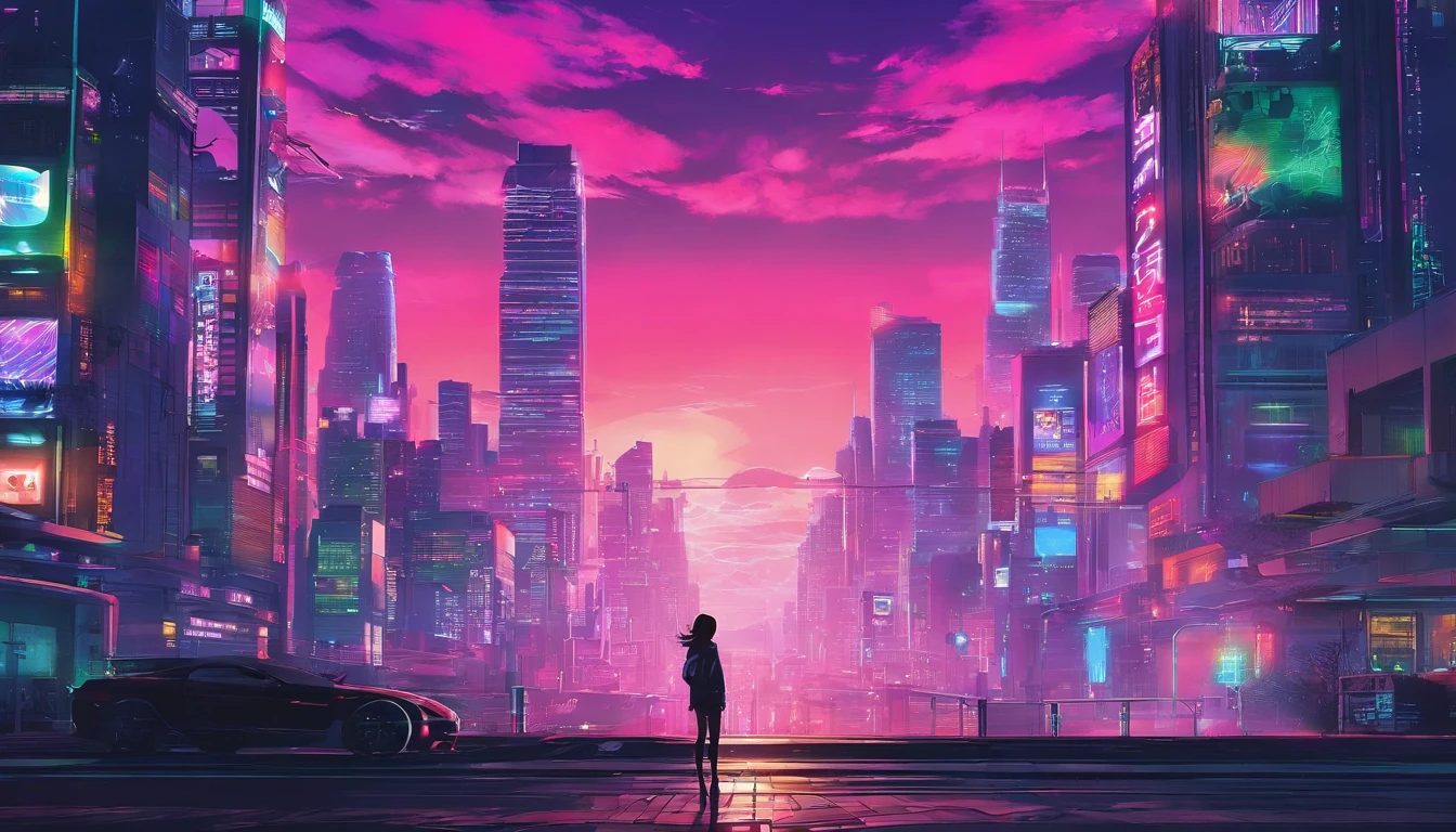 Close-up of the city with neon sunset in the background, Synthwave City, vaporwave city, Synthwave aesthetics, Neon City in the background, Background of Neo Tokyo, Neon metropolis in the background, Futuristic urban background, cyberpunk aesthetics, The city's backstory is cyberpunk, Purple Cyberpunk City, cyberpunk city background, cyberpunk aesthetics, cyberpunk atmosphere, Cyberpunk cityscape,anime clouds, Anime background, anime sky, in style of makoto shinkai, Beautiful puffy clouds. the anime, style of makoto shinkai, makoto sinkai!, beautiful anime scenery, based on Makoto Shinkai, Anime Landscape Wallpaper, makoto sinkai!!, Makoto Shinkai art style,japanaese girl,pale skin,beatiful face(purple hair)red jacket,Tokyo at night, with Cyberpunk style,Japanese streetwear,Tokyo Fashion,In a Cyberpunk 2 jacket 0 7 7,Full-length,attractive pose,Bottom view