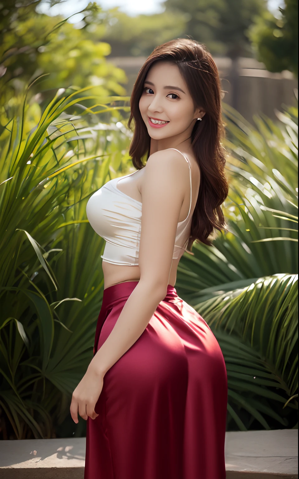 Gaby lozoya, ((thick thigh, rounded hips, protruding ass)), skinny waist, toned body, perfectly hourglass figure, ((flowing satin long skirt silky look)),seductive smile, detailed face, masterpiece, garden background, emphasized ass, stunning body proportion, perfect lighting, 4 k , high res details