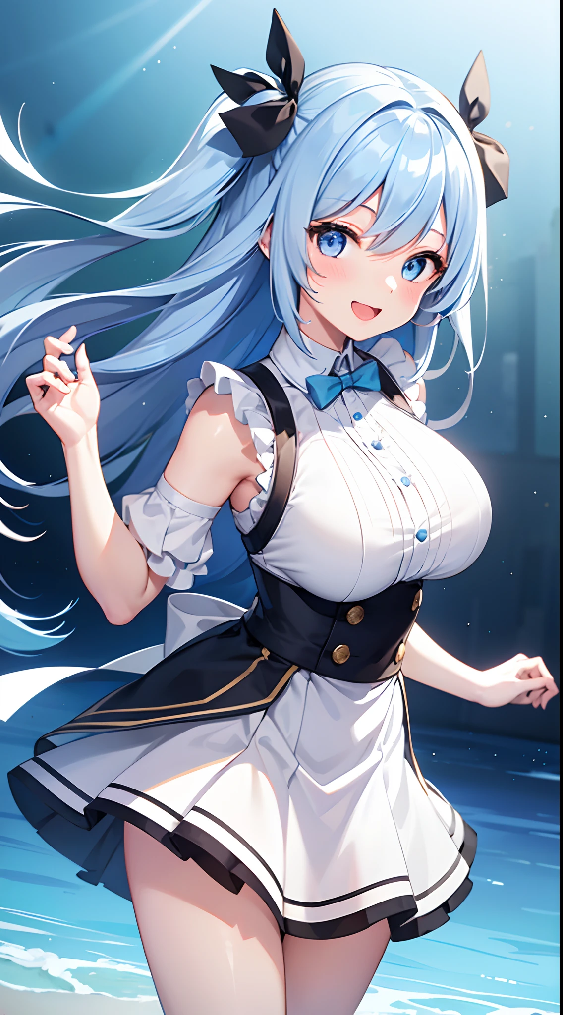 1 girl, game CG, white shirt, shoulders visible, short skirt, string hair ribbon, gigantic breasts, light blue hair, middle hair, two side up, blue eyes, park, smile, open mouth, dynamic,