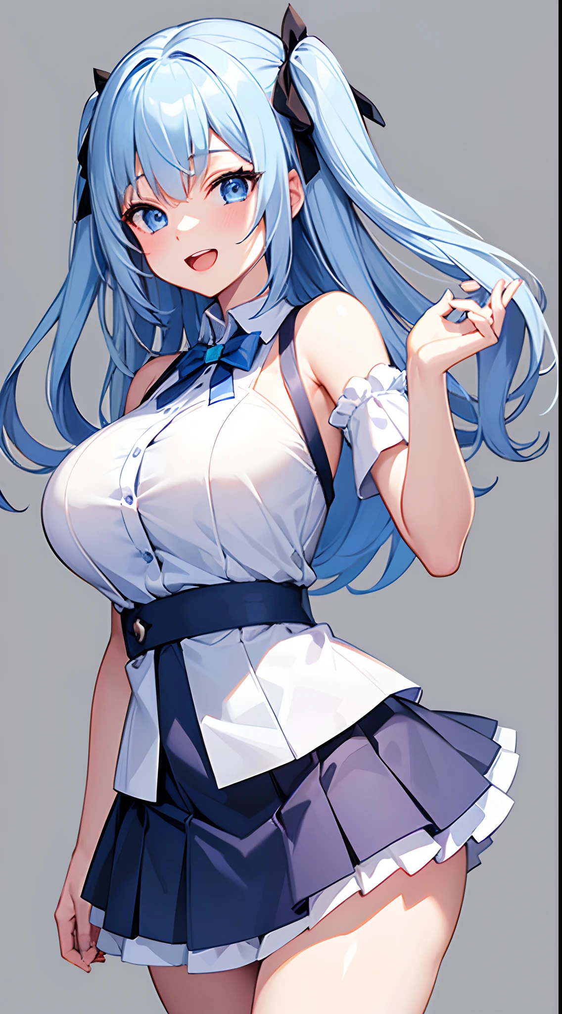 1 girl, game CG, white shirt, shoulders visible, short skirt, string hair ribbon, gigantic breasts, light blue hair, middle hair, two side up, blue eyes, park, steam, smile, close one eye,