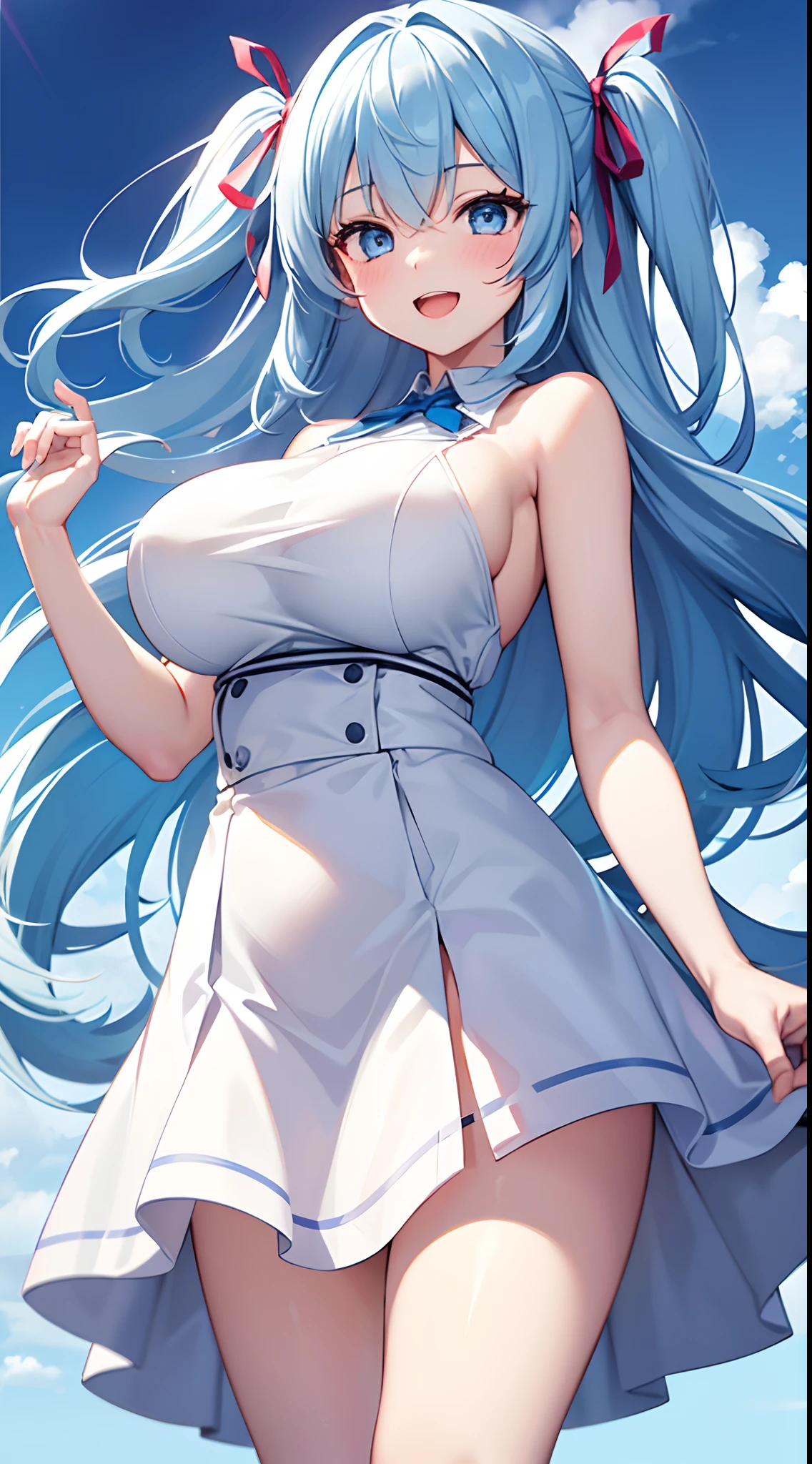 1 girl, game CG, white shirt, shoulders visible, short skirt, string hair ribbon, gigantic breasts, light blue hair, middle hair, two side up, blue eyes, smile, open mouth, simple background,