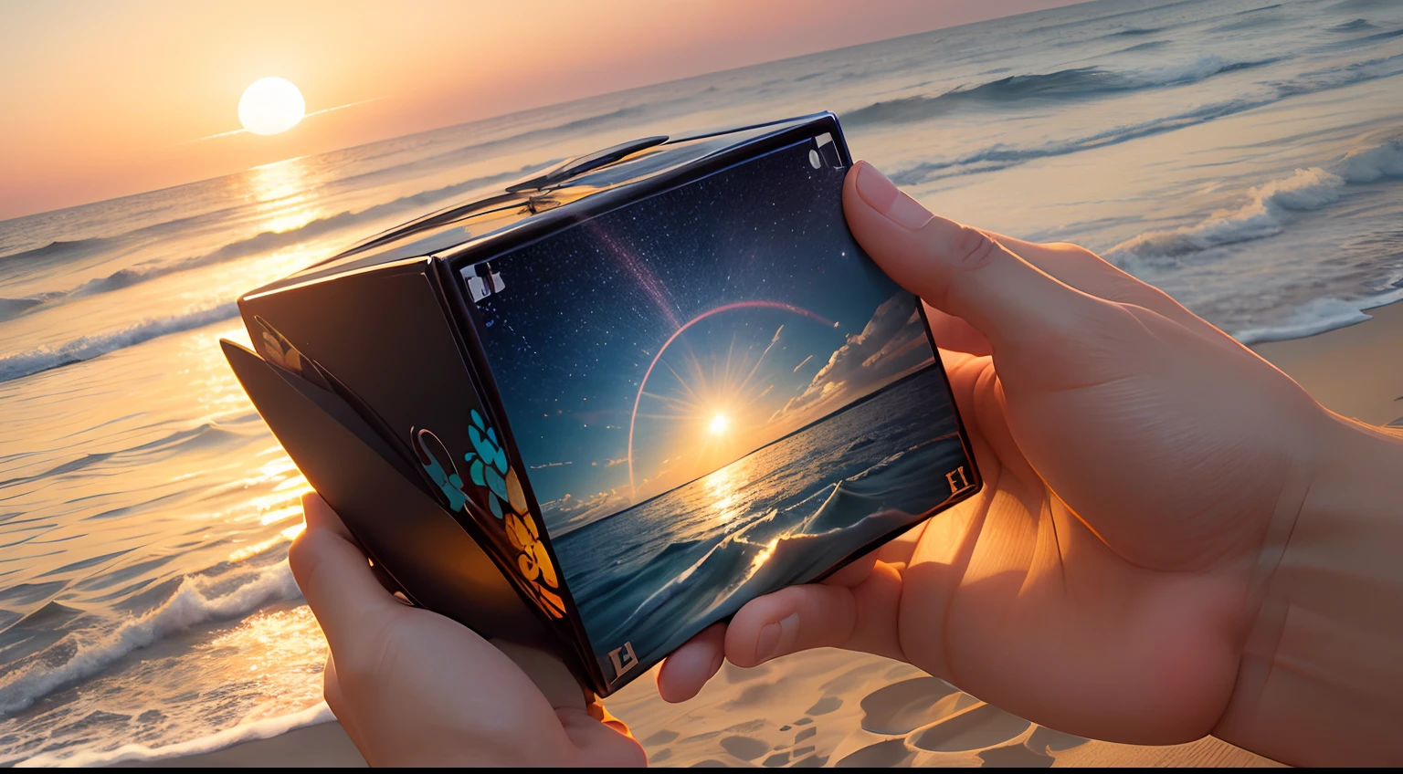 An award winning photo of shiny dazzling rays of light in all directions from a flat square rubic cube, the design is Japanese calligraphy art of sunset, pattern is jigsaw puzzles, bound with a gold string, beach background