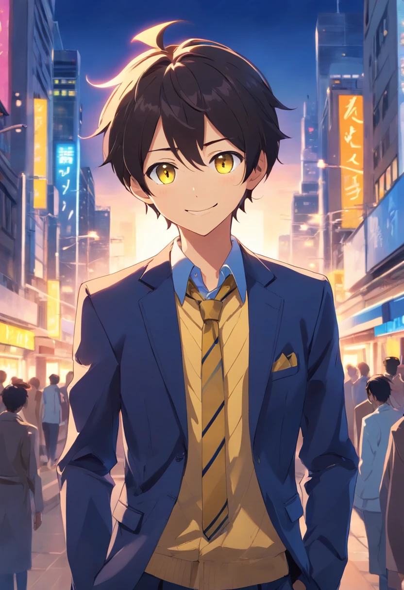 Hair black with dark blue mesh、Yellow eyes、Smiling boy in blazer