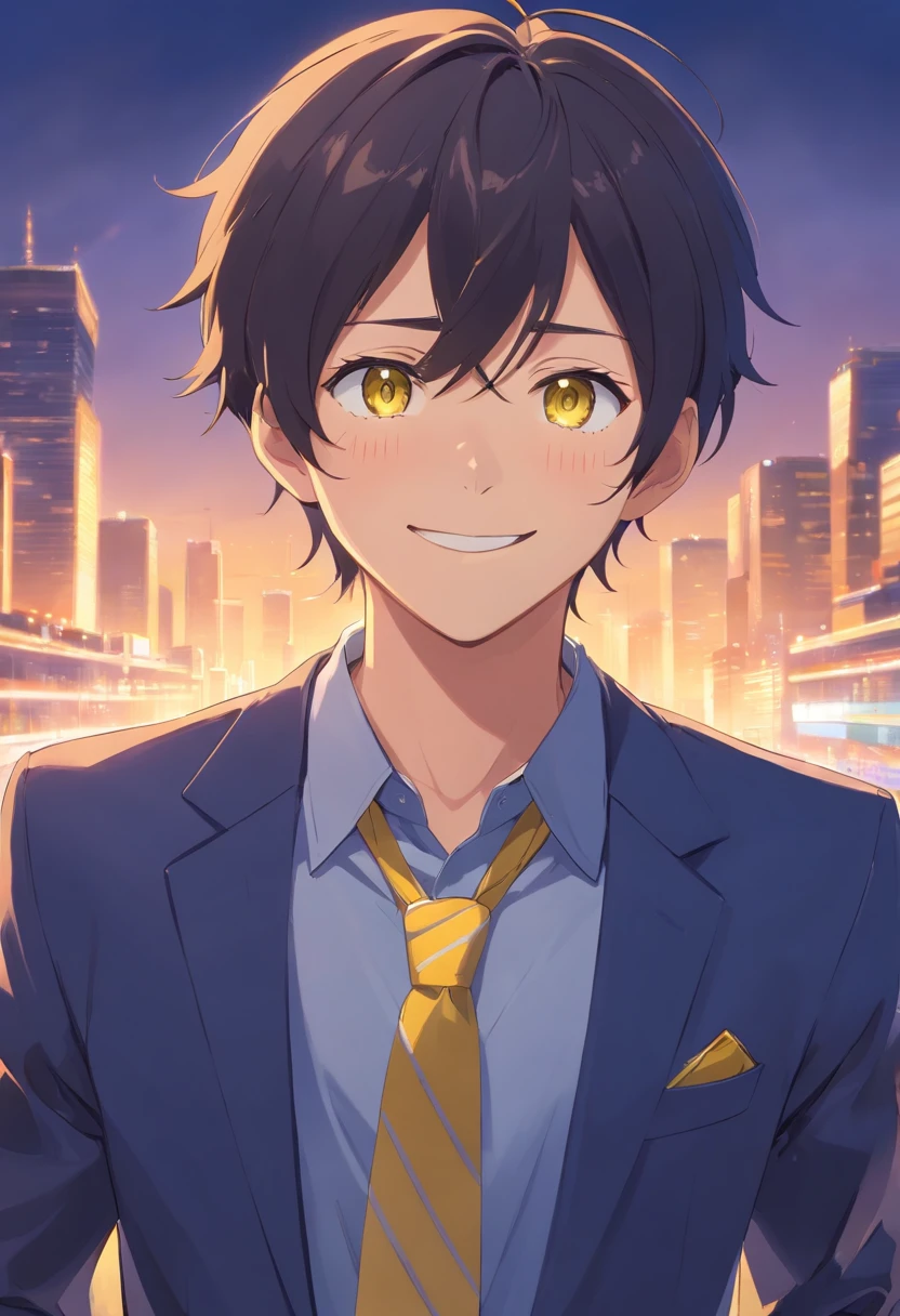 Hair black with dark blue mesh、Yellow eyes、Smiling boy in blazer
