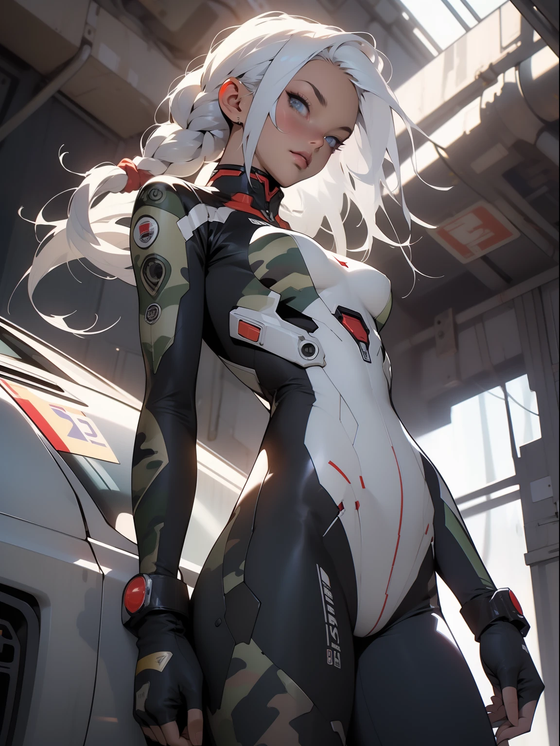 ((Best quality)), ((masterpiece)), (detailed: 1.4), (Absurd), War-ready female fighter pilot with military helmet, Marine, dark skin, defined muscular sculptural body, full body, bare half-thick thighs, closed mouth, muscular body covered in technological clothing, cyberpunk, semi naked, generous neckline, ((perfect medium breasts)), (super light blue eyes without pupils), (((military camouflage clothing)), (((white hair with braid)))), long eyelashes heavy makeup, garter belt, by mucha, niji --V5, close to real, psychopathic, crazy face, sexy pose, background with a giant head of Neon style robot Genesis evangelion, 2 piece clothing, shoulder pads with airplane wings, pastel, centered, scale to fit the dimensions, HDR (High Dynamic Range),Ray Tracing, NVIDIA RTX,Super-Resolution,Unreal 5,Subsurface Dispersion, PBR Texture, Post-processing, Anisotropic filtering, Depth of field, Maximum clarity and sharpness, Multilayer textures, Albedo and specular maps, Surface shading, Accurate simulation of light-material interaction, Perfect proportions, Octane Render, Two-tone lighting, Wide aperture, Low ISO, White balance, Rule of thirds, 8K RAW, crysisnanosuit