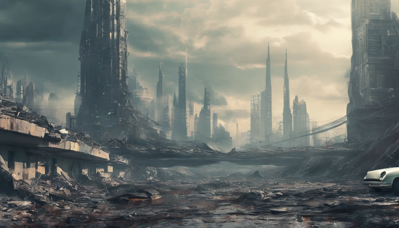 On the devastated city streets,The remains of collapsed ruins are scattered across the land,blood-stained,Like the brutal legacy of the battlefield。It rained heavily in the cloudy sky,Lightning,This exacerbates the horror atmosphere of this apocalyptic apocalypse。