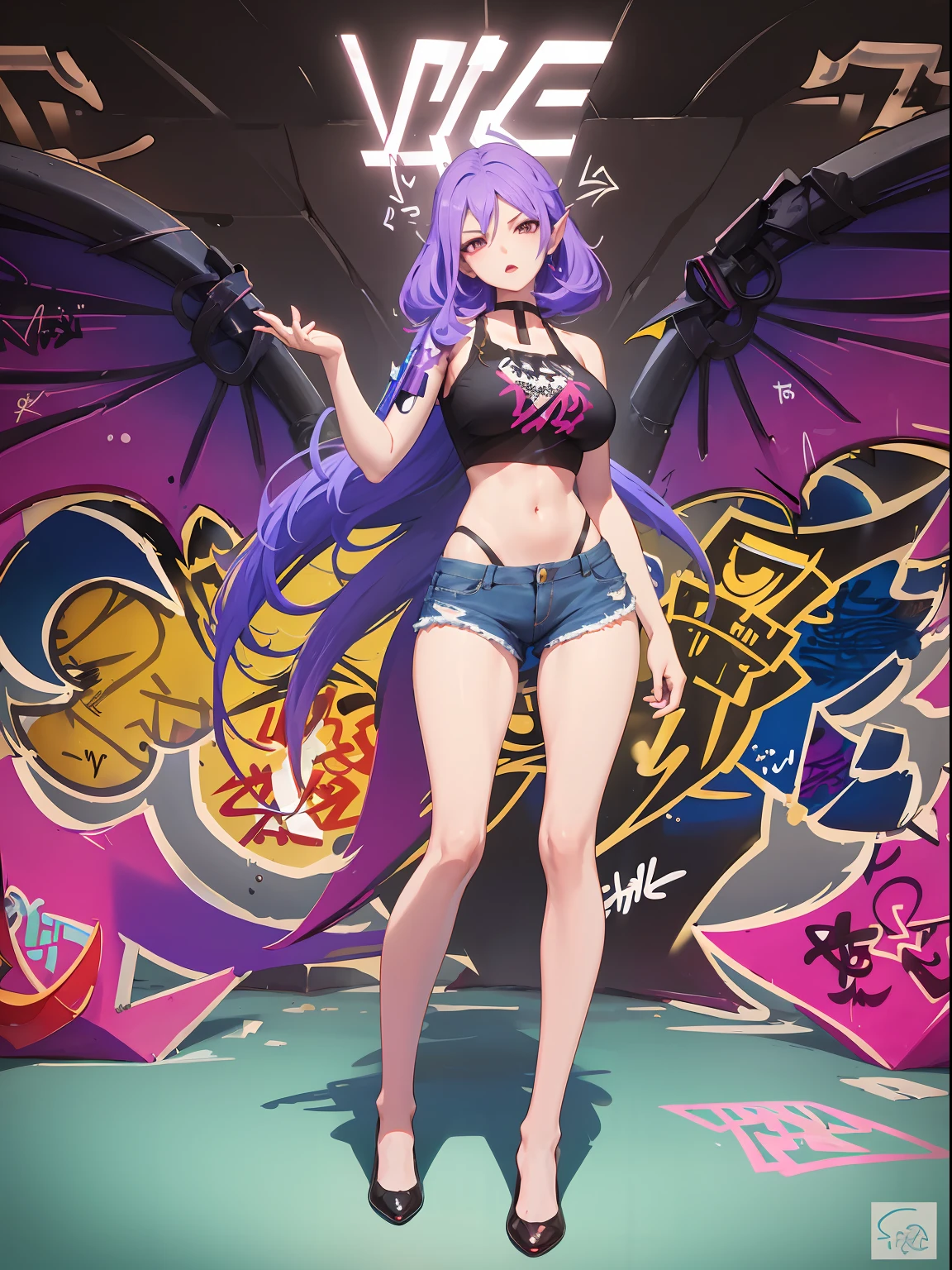 Veera|Arena of Valor, master-piece, bestquality, 1girls,25 years old, It has demonic wings on its back........., proportional body,proportional., crop top, Long Jeans, gigantic breasts, ,bara, crop top, choker, (Graffiti:1.5), Splash with purple lightning pattern., arm behind back, against wall, View viewers from the front., Thigh strap, Head tilt, bored,