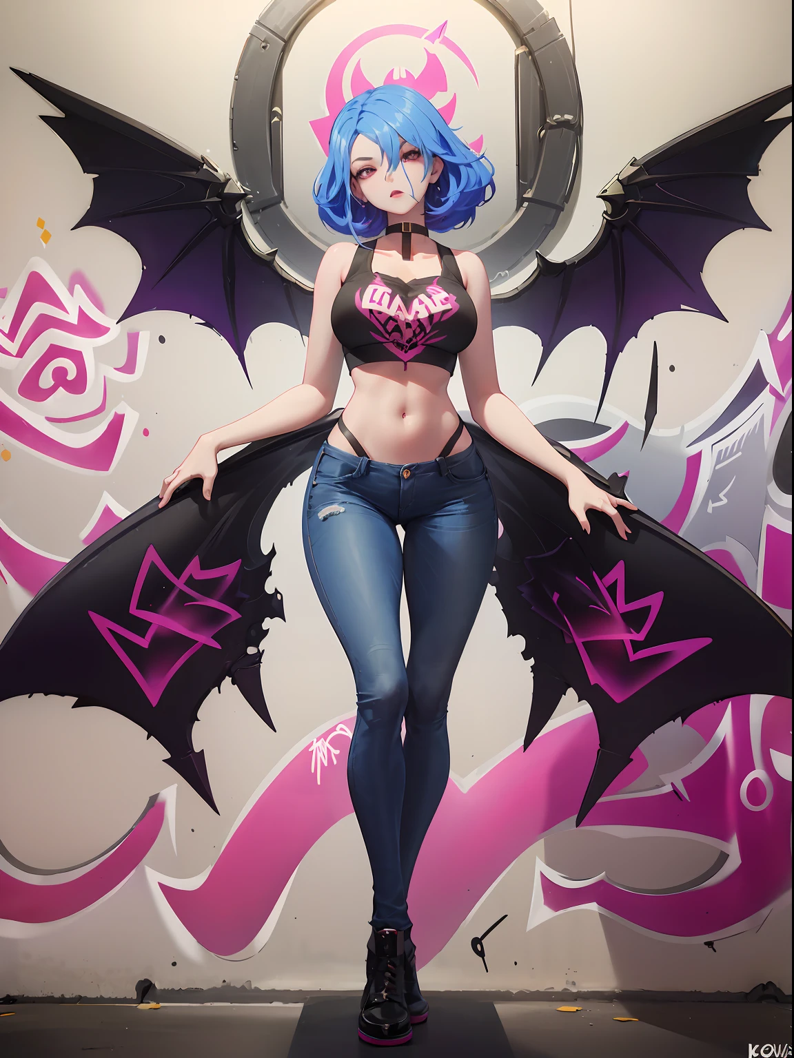 Veera|Arena of Valor, master-piece, bestquality, 1girls,25 years old, It has demonic wings on its back........., proportional body,proportional., crop top, Long Jeans, gigantic breasts, ,bara, crop top, choker, (Graffiti:1.5), Splash with purple lightning pattern., arm behind back, against wall, View viewers from the front., Thigh strap, Head tilt, bored,