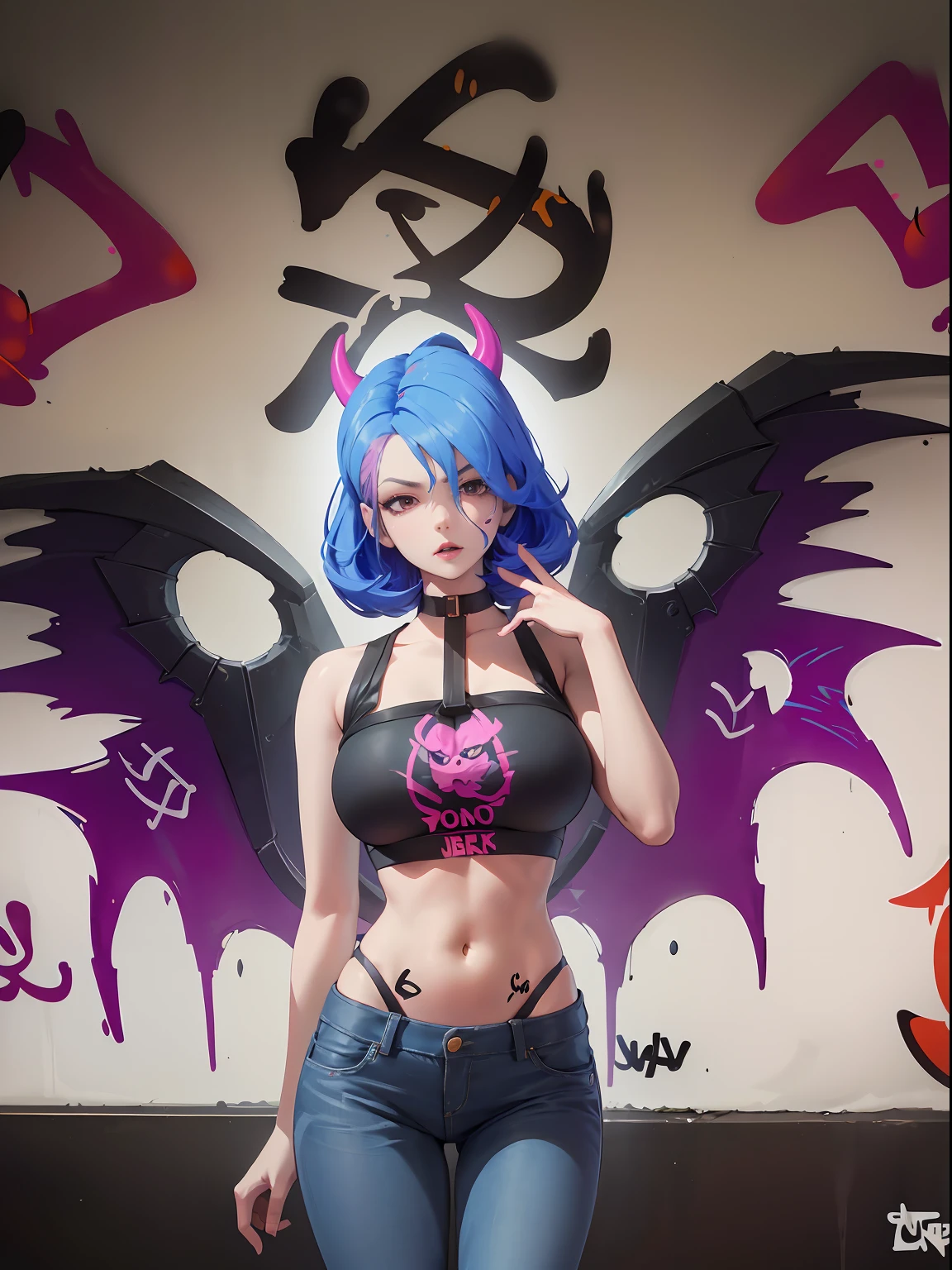 Veera|Arena of Valor, master-piece, bestquality, 1girls,25 years old, It has demonic wings on its back........., proportional body,proportional., crop top, Long Jeans, gigantic breasts, ,bara, crop top, choker, (Graffiti:1.5), Splash with purple lightning pattern., arm behind back, against wall, View viewers from the front., Thigh strap, Head tilt, bored,