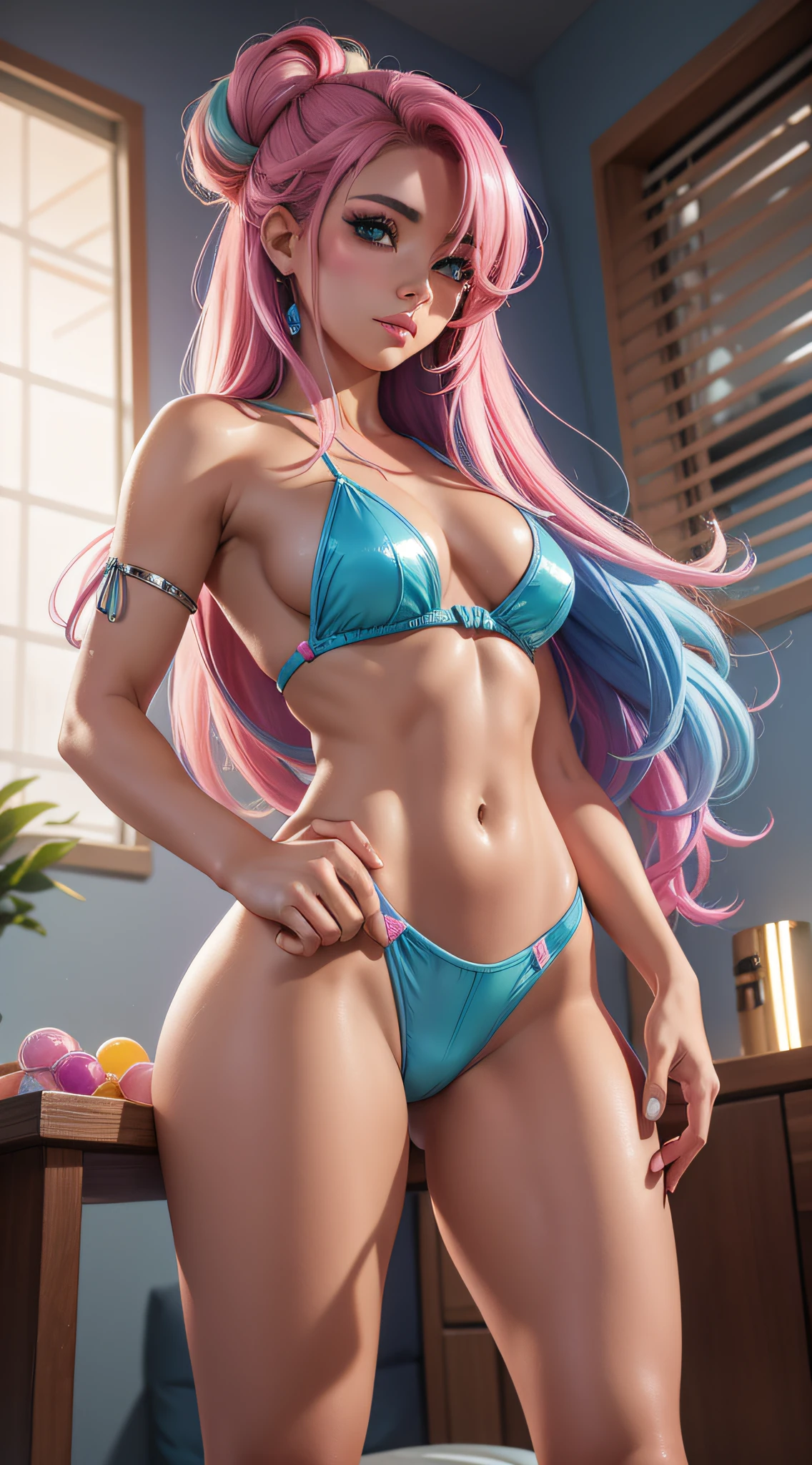 beutiful woman 22years, brazilian with randon color shine hair, Candy cloud, soft colors, high detailed, high quality, HDR, vivid colors, pastel color pallete, colores skin in the end of the day, color clounds, muscular leg, make behind