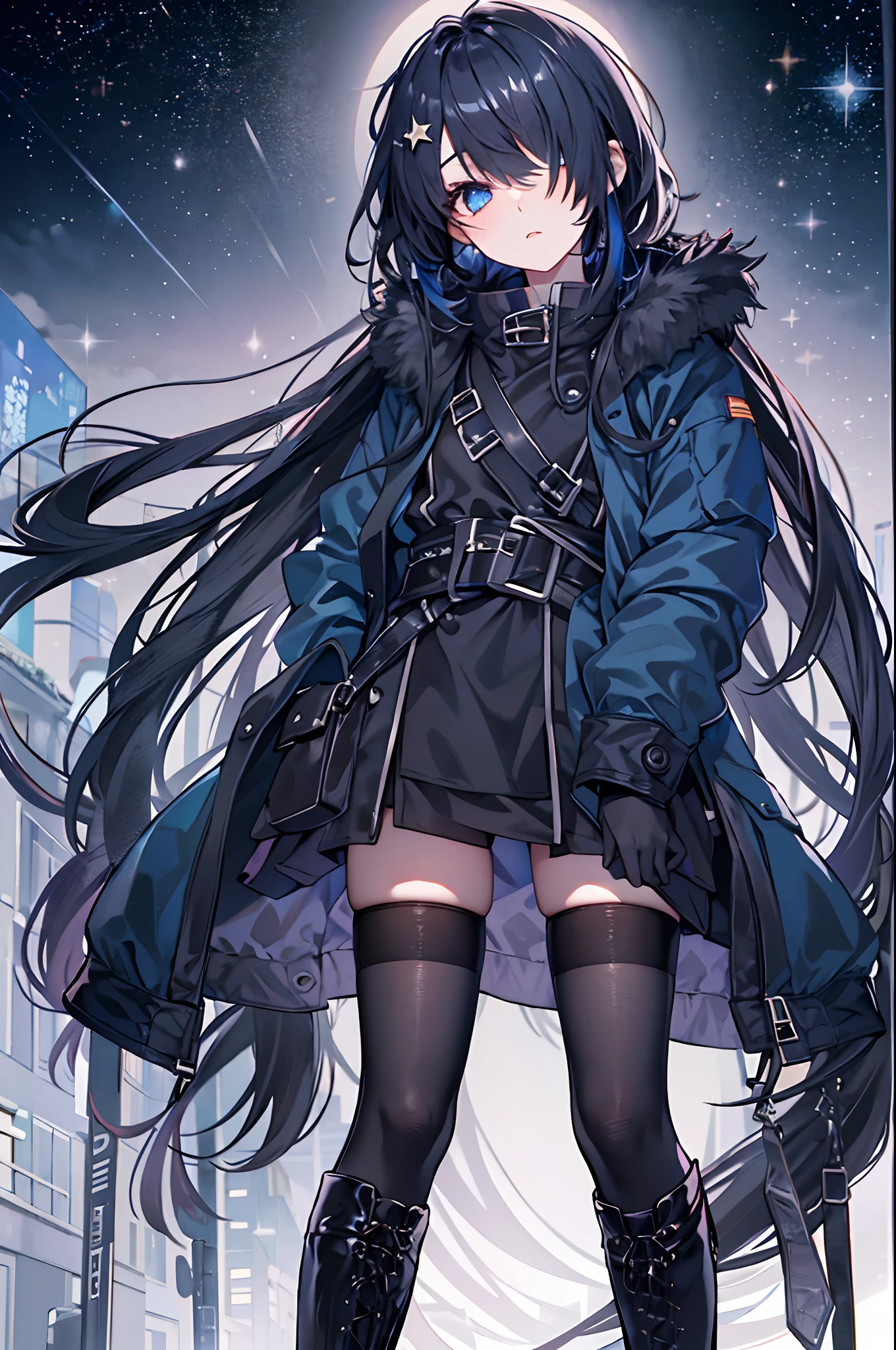 black pantyhoses,Starry eyes,Black parka,black sash,starrysky,the night,Dark blue hair,side pony tail,long whitr hair,black knee boots,Hair covers one eye,bit girl,waiting to start