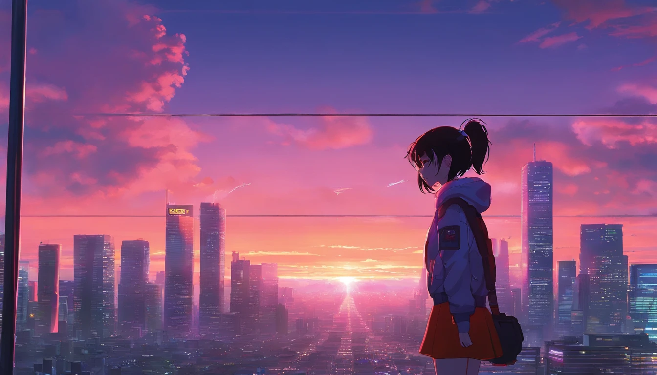 Close-up of the city with neon sunset in the background, Synthwave City, vaporwave city, Synthwave aesthetics, Neon City in the background, Background of Neo Tokyo, Neon metropolis in the background, Futuristic urban background, cyberpunk aesthetics, The city's backstory is cyberpunk, Purple Cyberpunk City, cyberpunk city background, cyberpunk aesthetics, cyberpunk atmosphere, Cyberpunk cityscape,anime clouds, Anime background, anime sky, in style of makoto shinkai, Beautiful puffy clouds. the anime, style of makoto shinkai, makoto sinkai!, beautiful anime scenery, based on Makoto Shinkai, Anime Landscape Wallpaper, makoto sinkai!!, Makoto Shinkai art style,japanaese girl,pale skin,beatiful face(purple hair)red jacket,Tokyo at night, with Cyberpunk style,Japanese streetwear,Tokyo Fashion,In a Cyberpunk 2 jacket 0 7 7,Full-length,attractive pose,Bottom view