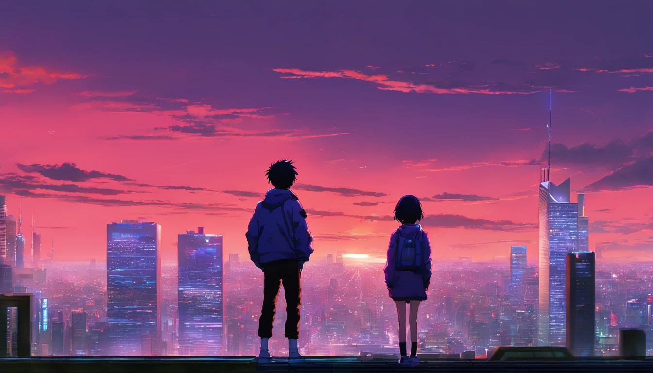 Close-up of the city with neon sunset in the background, Synthwave City, vaporwave city, Synthwave aesthetics, Neon City in the background, Background of Neo Tokyo, Neon metropolis in the background, Futuristic urban background, cyberpunk aesthetics, The city's backstory is cyberpunk, Purple Cyberpunk City, cyberpunk city background, cyberpunk aesthetics, cyberpunk atmosphere, Cyberpunk cityscape,anime clouds, Anime background, anime sky, in style of makoto shinkai, Beautiful puffy clouds. the anime, style of makoto shinkai, makoto sinkai!, beautiful anime scenery, based on Makoto Shinkai, Anime Landscape Wallpaper, makoto sinkai!!, Makoto Shinkai art style,japanaese girl,pale skin,beatiful face(purple hair)red jacket,Tokyo at night, with Cyberpunk style,Japanese streetwear,Tokyo Fashion,In a Cyberpunk 2 jacket 0 7 7,Full-length,attractive pose,Bottom view