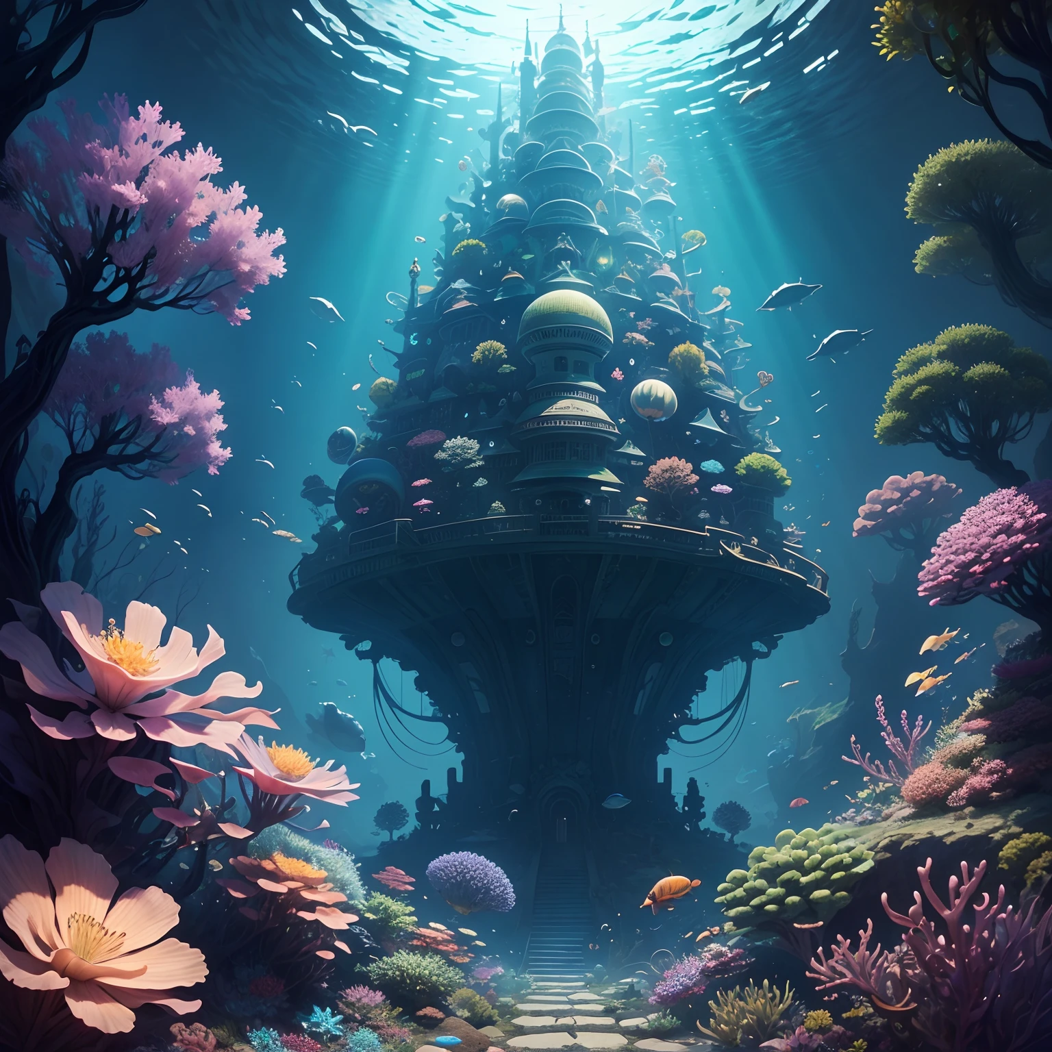 realistic undersea world many different, detailed, colorful magic plants, rampant flowers and strange animals, different type of fishes, many jellyfishes, sank detailed spaceship, japanese buildings underwater, miscellaneous art style, realistic use of light, anime aesthetics, 32k, uhd, goblin academia, precise