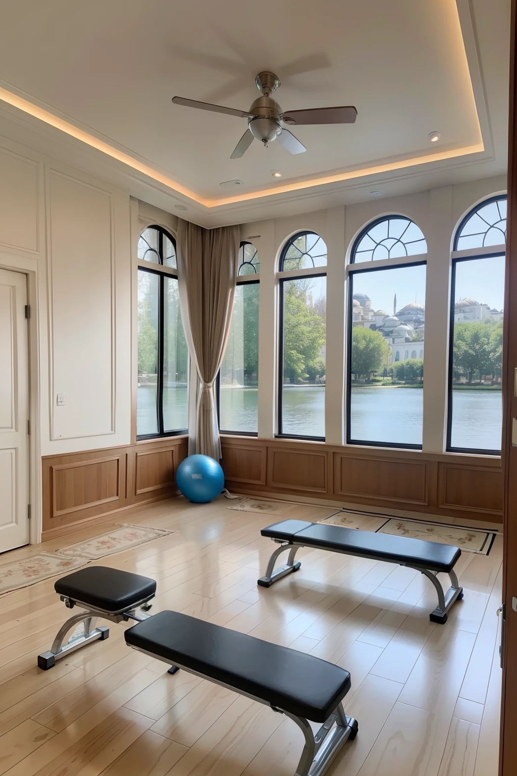 Elegant space，Bright，European style wainscoting，There is a variety of fitness equipment，River view from the window，Turkish style