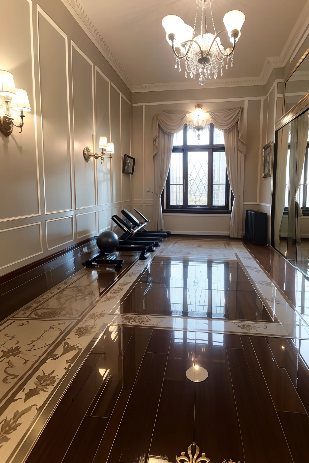 Elegant space,Bright,European style wainscoting,There is a variety of fitness equipment,River view from the window,Turkish style