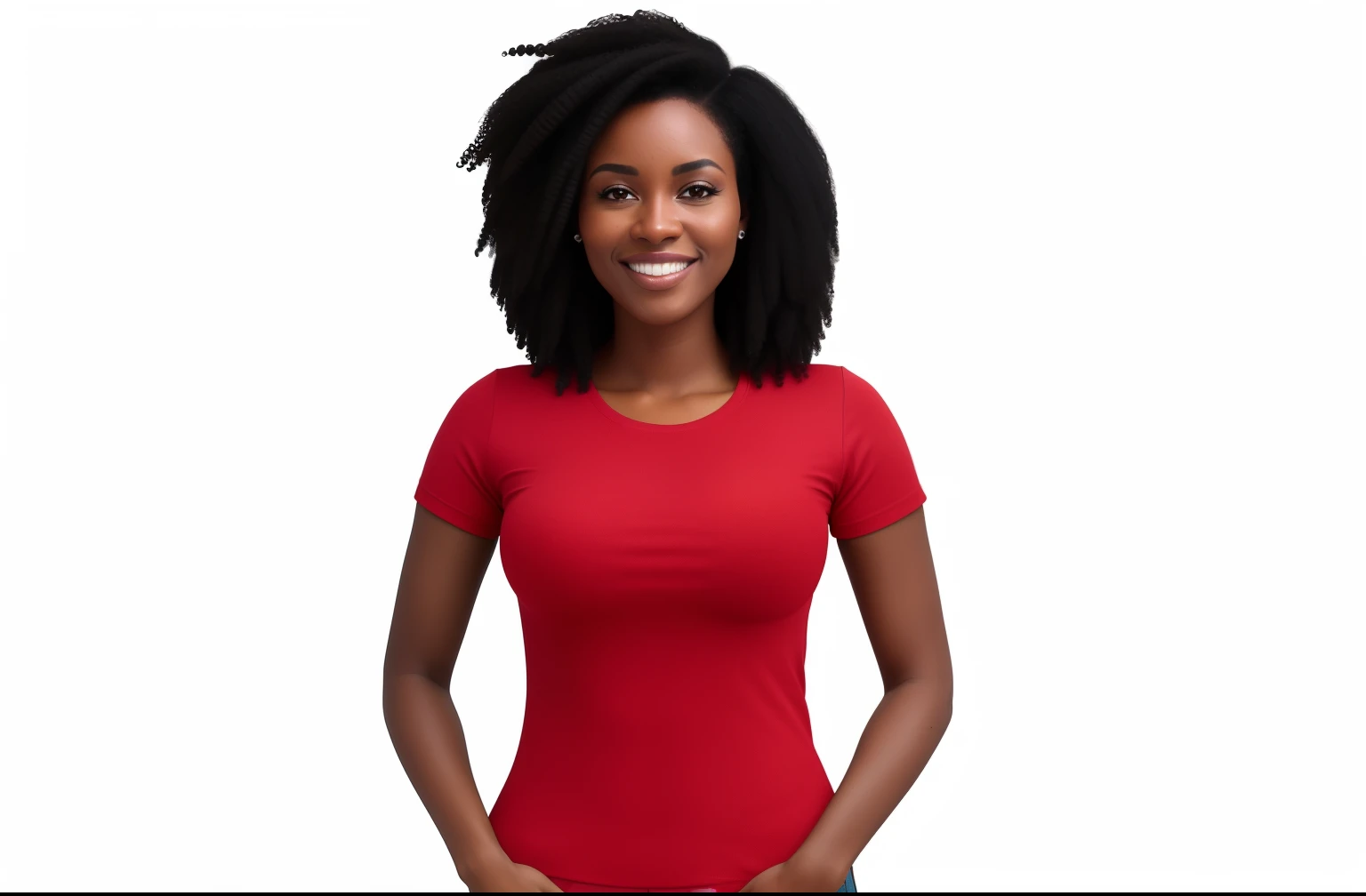 Smiling woman in red shirt posing for a photo with her hands on her hips, Mulher jovem afro-americana, Afro vermelho, jovem mulher negra, foto de uma mulher negra, mulher afro-americana, camiseta vermelha, cabelo comprido e camisa vermelha, mulher jovem negra, com afro, foto oficial do produto, cabelos afro longos, definido contra um fundo branco, camisa vermelha