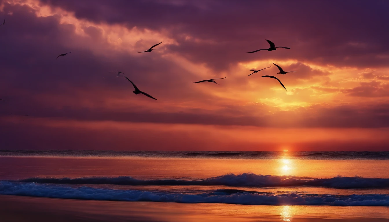 (best quality,4k,8k,highres,masterpiece:1.2),ultra-detailed,(realistic,photorealistic,photo-realistic:1.37),sky sunset romantic,soft clouds,majestic colors,serene atmosphere,vibrant hues,silhouettes of embracing couple,gentle breeze brushing their hair,intense orange and pink hues,purple hues blending into the horizon,warm golden rays of sunlight,blissful and dreamy ambiance,splendid and enchanting view,magnificent panorama,light rays illuminating the scene,seagulls soaring in the sky.