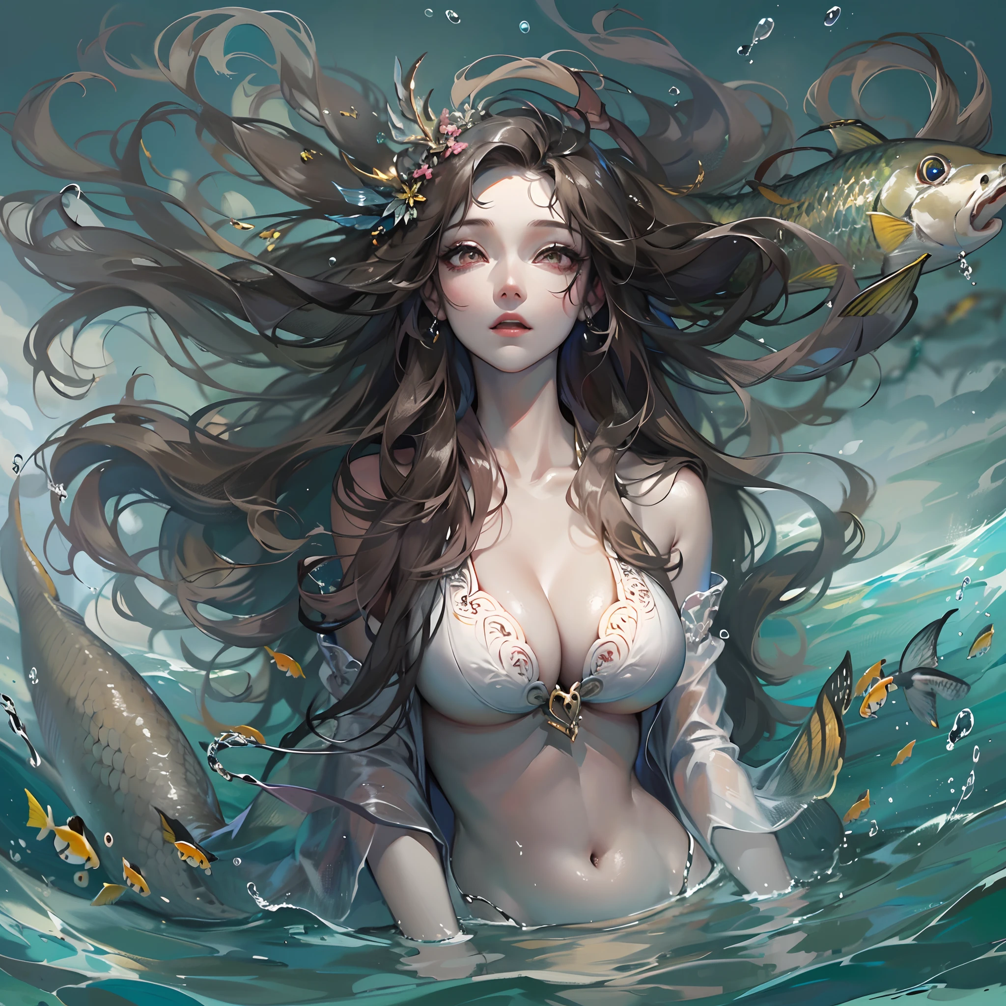 A peerless beauty swimming in the sea，mermaids，Cover your chest，Extra-long hair，(White skin of the)，(爆乳)，((super gigantic boobs))，Timid expression，beautiful fish tail，Perfect flesh，((tmasterpiece))，(Best quality at best)，(Highest definition)