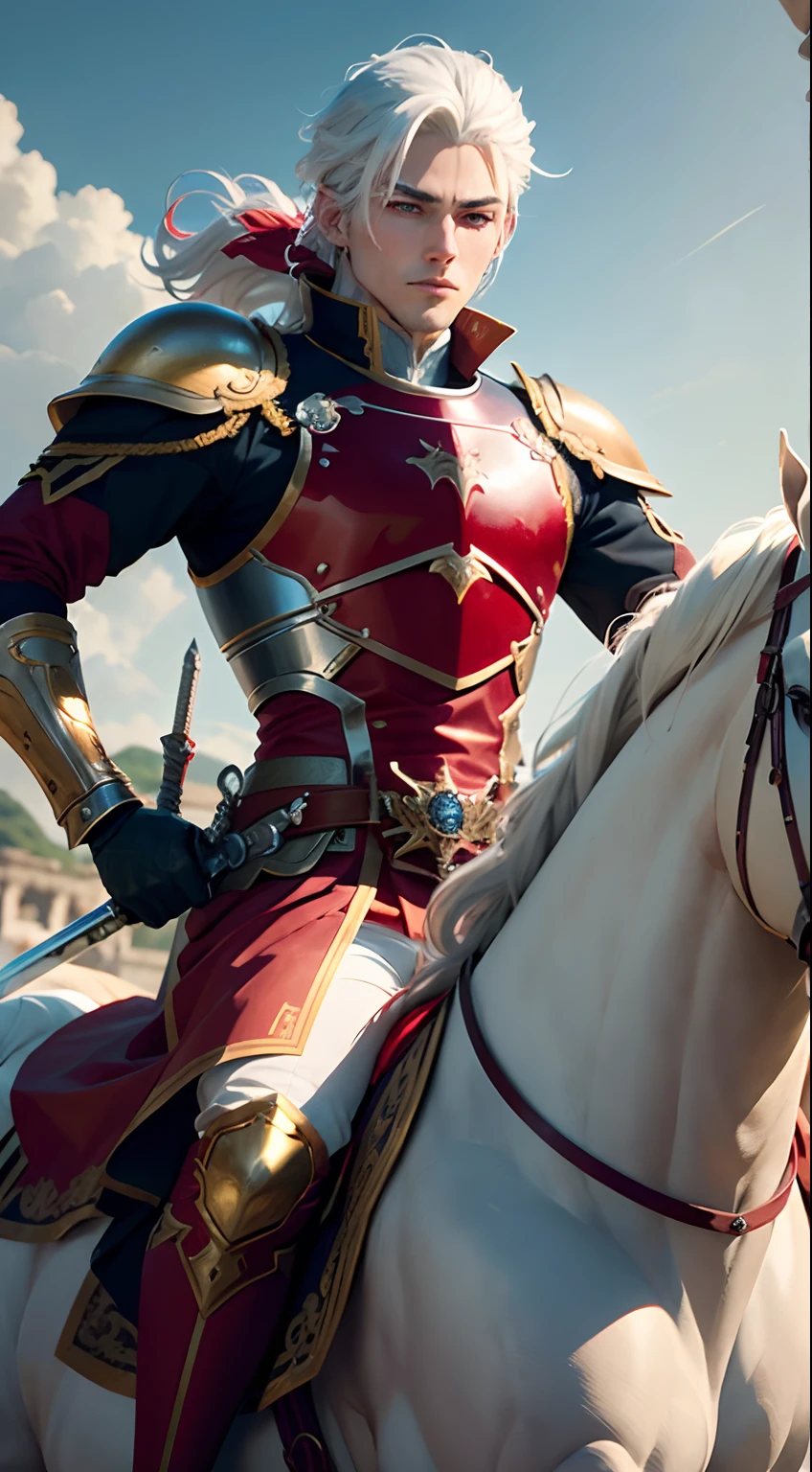 (best quality,8k,ultra-detailed,realistic),cool anime boy with white hair in red and gold, Royal knight, elegant, The sword is stuck in the back, riding a horse, full body, striking manly pose, vibrant colors, photo-realistic anime style, sharp focus, dynamic lighting, capturing every detail
