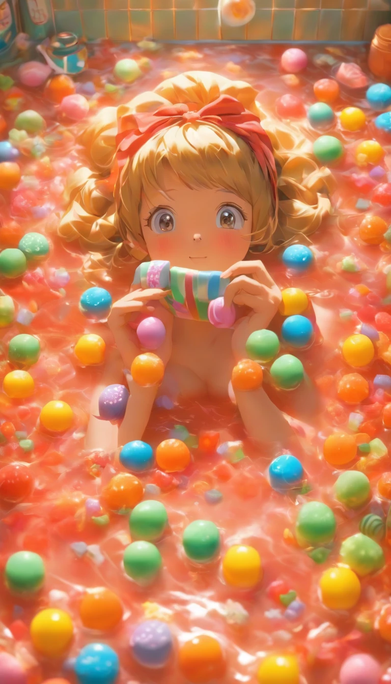 A young girl lies in a bathtub full of candy,Make calls with an old-fashioned telephone,Japanese manga style,The girl was wearing a bathrobe,Wear a shower cap on your head,A few magazines were scattered on the floor,Cans,panini,Small cake,Fruit pie,high tea,A ball of tape lines,Japanese healing system,